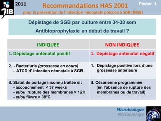 2011 Microbiologie Microbiology Poster  1 Dépistage de SGB par culture entre 34-38 sem Antibioprophylaxie en début de travail ? Recommandations HAS 2001 pour la prévention de l’infection néonatale précoce à SGB (INSB)  INDIQUEE NON INDIQUEE  1.  Dépistage anténatal positif  1.  Dépistage anténatal négatif 2 .  -  Bacteriurie  (grossesse en cours)  -  ATCD d’ infection néonatale à SGB Dépistage positive lors d’une grossesse antérieure 3.   Statut de portage inconnu traitée si: -  accouchement  < 37 weeks - et/ou  rupture des membranes > 12H -  et/ou  fièvre > 38°C  3.  Césarienne programmée (en l’absence de rupture des membranes ou de travail)  