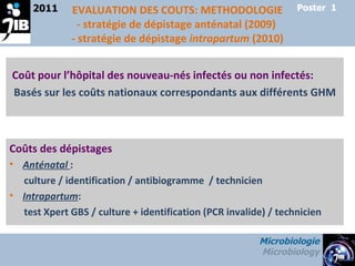 EVALUATION DES COUTS: METHODOLOGIE - stratégie de dépistage anténatal (2009)  - stratégie de dépistage  intrapartum  (2010) 2011 Microbiologie Microbiology Poster  1 Coût pour l’hôpital des nouveau-nés infectés ou non infectés:  Basés sur les coûts nationaux correspondants aux différents GHM Coûts des dépistages Anténatal   :  culture / identification / antibiogramme  / technicien  Intrapartum :  test Xpert GBS / culture + identification (PCR invalide) / technicien  