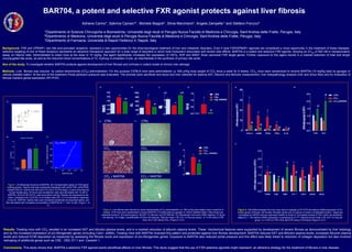 BAR704, a potent and selective FXR agonist protects against liver fibrosis
Adriana Carino*, Sabrina Cipriani # , Michele Biagioli*, Silvia Marchianò*, Angela Zampella † and Stefano Fiorucci*
*Dipartimento di Scienze Chirurgiche e Biomediche, Università degli studi di Perugia Nuova Facoltà di Medicina e Chirurgia, Sant’Andrea delle Fratte, Perugia, Italy
#Dipartimento di Medicina, Università degli studi di Perugia Nuova Facoltà di Medicina e Chirurgia, Sant’Andrea delle Fratte, Perugia, Italy
†Dipartimento di Farmacia, Università di Napoli Federico II, Napoli, Italy
Background. FXR and GPBAR1, two bile acid-activated receptors, represent a new opportunities for the pharmacological treatment of liver and metabolic disorders. Even if dual FXR/GPBAR1 agonists are considered a novel opportunity in the treatment of these diseases,
selective targeting of one of these receptors represents an attractive therapeutic approach for a wide range of disorders in which dual modulation associates with severe side effects. BAR704 is a potent and selective FXR agonist, showing an EC50 of 950 nM in transactivation
assay on HepG2 cells. Administrated to intact mice at the dose of 15 mg/kg, this agent significantly increased the expression of OSTα, SHP and BSEP, three canonical FXR target genes. Further, exposure to this agent results in a marked reduction of total and single
unconjugated bile acids, as well as the reduction blood concentrations of 7α -hydroxy-4-cholesten-3-one, an intermediate in the synthesis of primary bile acids.
Aim of the study. To investigate whether BAR704 protects against development of liver fibrosis and cirrhosis in rodent model of chronic liver damage.
Methods. Liver fibrosis was induced by carbon tetrachloride (CCl4) administration. For this purpose C57BL6 mice were administered i.p. 500 µl/Kg body weight of CCl4 twice a week for 8 weeks. CCL4 mice were randomized to receive BAR704 (15 mg/Kg daily by gavage) or
vehicle (distilled water). At the end of the treatment Portal perfusion pressure was evaluated. The animals were sacrificed and blood and liver collected for plasma AST, Albumin and Bilirubin measurement, liver histopathology analysis (H/E and Sirius Red) and for evaluation of
fibrosis markers genes expression (RT-PCR) .
Results. Treating mice with CCl4 resulted in an increased AST and bilirubin plasma levels, and in a marked reduction of albumin plasma levels. These biochemical features were supported by development of severe fibrosis as demonstrated by liver histology
and by the increased expression of pro-fibrogenetic genes (including Colα1, αSMA). Treating mice with BAR704 reversed this pattern and protected against liver fibrosis development. BAR704 reduced AST and Bilirubin plasma levels, increased Albumin plasma
levels and reduced ECM deposition as measured by assessing the fibrosis score and expression of pro-fibrogenetic genes. Exposure to BAR704 also reduced portal pressure and this effect was likely linked to reduction of collagen deposition but also involved
reshaping of additional genes such as CSE, CBS, ET-1 and Caveolin 1.
Conclusions. This study shows that BAR704 a selective FXR agonist exerts benefiicial effects on liver fibrosis. This study suggest that the use of FXR selective agonists might represent an attractive strategy for the treatment of fibrosis in liver disease.
Figure 3: Total RNA extracted from liver was used to evaluate by RT-PCR the relative mRNA expression of (A)
marker genes of fibrosis, (B) Nuclear Receptor genes and (C) genes involved in endothelial function. Values are
normalized to GAPDH and are expressed relative to those of not treated animals (CTRL) which are arbitrarily
settled to 1. The relative mRNA expression is expressed as 2(-ΔΔCt). Results are the mean ± SE of 6–12 mice per
group. *p < 0.05 vs CTRL mice. #p<0.05 versus CCl4 alone (Figure 4, A-C)
Figure 1: (A) Molecular structure of BAR704. (B) Transactivation assay on FXR ligand
binding domain. HepG2 cells were transiently transfected with pSG5-FXR, pSG5-RXR,
p(hsp27)TKLUC vectors and with pGL4.70, pGL4.70 (Promega), a vector encoding the
human Renilla gene. 24 hours post-transfection cells were stimulated with 10 µM of
BAR704, CDCA or 6E-CDCA, used as positive controls. Results are expressed as the
mean ± standard error (*p<0.05 vs not treated cells (NT). (C) Concentration−response
curves for BAR704. HepG2 cells were transiently transfected as described before, and
then stimulated with increasing concentration of BAR704 (0.1, 1 and 10 µM). (Figure 1, A-
C).
Figure 2: Liver fibrosis was induced by carbon tetrachloride (CCl4) administration (i.p. 500 μL/Kg body weight, twice a week for 8
weeks). CCl4 mice were randomized to receive BAR704 (15 mg/Kg daily by gavage) or vehicle (distilled water). Data shown are
plasmatic levels of (A) portal pressure, (B) AST, (C) Albumin and (D) Bilirubin. (E) Hematoxylin and eosin (H&E) staining. (F) Sirius
red staining. (G) Image J quantification of Sirius red staining. Data are mean ± SE of 6–12 mice per group. *p < 0.05 versus CTRL
mice. # p< 0.05 versus CCl4. (Figure 2, A-G)
0
25
50
75
100
10-7 10-6 10-5 10-4
EC50: 950nM
0
BAR704 (M)
%ofmaximalresponse
*
#
0.0
0.5
1.0
1.5
2.0
2.5
PortalPressure(mmHg)
0
200
400
600
800
1000
*
#
ASTU/L
0
1
2
3
*
#
Albuming/dL
0.0
0.5
1.0
1.5
*
#
CTRL
CCl4
CCl4+BAR704
Bilirubinmg/dL
A.
B.
0
10
20
30
40
Col11 SMA TGF TNF IL1
*
*
*
*
*
#
#
# # #
mRNArelativeexpressiontoGAPDH
0.0
0.5
1.0
1.5
2.0
2.5
TGR5 CSE CBS ET-1 CAV1 eNOS iNOS
*
*
*
*
*
*
#
#
#
#
#
#
#
mRNArelativeexpressiontoGAPDH
0.0
0.5
1.0
1.5
2.0
2.5
FXR SHP
CTRL
CCL4
CCL4+BAR704
#
#
mRNArelativeexpressiontoGAPDH
A. B. C.
E.
HepG2 FXR-RXR
NT CDCA 6E-CDCA BAR704
0
10
20
30
40
50
(10 M)
*
*
*
RLU/RRU
C.
CTRL
CCl4
CCl4 + BAR704
0
1
2
3
4
CTRL
CCl4
CCl4+BAR704
*
#
%area
CTRL
CCl4
CCl4 + BAR704
G.
D. B.
C.
F.
A.
 