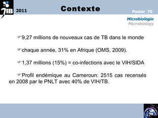 2011 Microbiologie Microbiology Poster  70 9,27 millions de nouveaux cas de TB dans le monde chaque année, 31% en Afrique (OMS, 2009).  1,37 millions (15%) = co-infections avec le VIH/SIDA Profil endémique au Cameroun: 2515 cas recensés en 2008 par le PNLT avec 40% de VIH/TB.  Contexte 