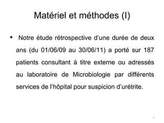 Matériel et méthodes (I) Notre étude rétrospective d’une durée de deux ans (du 01/06/09 au 30/06/11) a porté sur 187 patients consultant à titre externe ou adressés au laboratoire de Microbiologie par différents services de l’hôpital pour suspicion d’urétrite. 