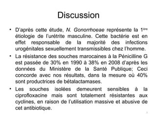 Discussion D’après cette étude,  N. Gonorrhoeae  représente la 1 ère  étiologie de l’urétrite masculine. Cette bactérie est en effet responsable de la majorité des infections urogénitales sexuellement transmissibles chez l’homme.  La résistance des souches marocaines à la Pénicilline G est passée de 30% en 1990 à 38% en 2008 d’après les données du Ministère de la Santé Publique; Ceci concorde avec nos résultats, dans la mesure où 40% sont productrices de bétalactamases.  Les souches isolées demeurent sensibles à la ciprofloxacine mais sont totalement résistantes aux cyclines, en raison de l’utilisation massive et abusive de cet antibiotique. 