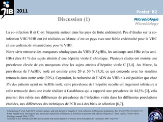 2011                                                                                                                                       Poster 82
                                                                   Discussion (1)                                                                     Microbiologie
                                                                                                                                                      Microbiology

La co-infection B et C est fréquente surtout dans les pays de forte endémicité. Peu d’études sur la co-
infection VHC/VHB ont été réalisées au Maroc, c’est un pays avec une faible endémicité pour le VHC
et une endémicité intermédiaire pour le VHB.
Notre série retrouve des marqueurs sérologiques du VHB (l’AgHBs, les anticorps anti-HBc et/ou anti-
HBs) chez 81 % des sujets atteints d’une hépatite virale C chronique. Plusieurs études ont montré une
prévalence élevée de ces marqueurs chez les sujets atteints d’hépatite virale C [3,4]. Au Maroc, la
prévalence de l’AcHBc isolé est estimée entre 20 et 50 % [3,5], ce qui concorde avec les résultats
retrouvés dans notre série (30%). Cependant, la recherche de l’ADN du VHB n’a été positive que chez
3% des patients ayant un AcHBc isolé, cette prévalence de l’hépatite occulte est largement inférieure à
celle retrouvée dans une étude réalisée à Casablanca qui a rapporté une prévalence de 44,5% [3], cela
pourrait être reliée aux différences de prévalence de l’infection virale dans les différentes populations
étudiées, aux différences des techniques de PCR ou à des biais de sélection [6,7].
3-Benjelloun S et al. Anti-HCV seroprevalence and risk factors of hepatitis C virus infection in Moroccan population. Res Virol 1996;147(4):247-55.
4-Ben Halima et al. Serological and molecular expression of Hepatitis B infection in patients with chronic Hepatitis C from Tunisia, North Africa
Virology Journal 2010, 7:229
5-Lahsoune M et al. Antibodies anti-HBC alone in patients with chronic hepatitis C in Morocco. Revue Francophone des Laboratoires, 2009 – Sup n°416
 
