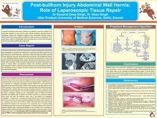 Traumatic abdominal wall hernias (TAWHs) are relatively uncommon entities that
have been reported to occur due to motor vehicle accidents, seat-belt injuries,
handle-bar injuries and bullfighting. Bullhorn-injury associated traumatic hernia
(BATH) due to blunt injury leading to TAWH is a rather uncommon mechanism. We
report here a case of a middle-aged male who presented on seventh day following
bullhorn injury with a swelling above right groin.
.
Introduction
A43 years male came to us with five-day history of painful swelling above right groin
which appeared on coughing and straining only. He further told that he was hit by a
bull using its horn at the same site 1-week back. Patients all vitals were within normal
limit and abdomen was soft, non-distended and non-tender. Clinical features (Figure
1) and radiological features (Figure 2) of the patient are summarized. Since the
patient was hemodynamically stable, patient was planned for laparoscopic repair of
defect after few weeks. Patient underwent laparoscopic transperitoneal anatomical
repair of hernial defect. Per-operative findings and procedure performed are
demonstrated in Figure 3. Patients post-operative period was uneventful and patient
was discharged on day-3. Patient has been in follow-up for last six months without
any reported complication.
Case Report
Bullhorn-injury associated traumatic hernia (BATH) occurs as a result of direct blow by
the horn of a bull, which compromises the integrity of muscles and fascia at weaker points
(1-6)
of abdominal wall. Only six such cases have been previously reported. BATH needs to
be recognized as a separate sub-category among TAWHs due to the great force
generated at the small area of impact. Bullhorn blunt injuries can be high-impact or low-
impact (as was our case). High-impact injuries, suspected major intra-abdominal injuries
and patients with unstable vitals must undergo immediate exploration. USG is the first
investigation in all such cases but CT scan is the investigation of choice over MRI as it can
be used in emergency settings as well. Laparoscopic repair of TAWH have been
described with reliable repair of defects and optimal outcome but in almost all cases
mesh repair has been the preferred option even if the patient has presented
(7) (8)
immediately. Honaker et al. reported a recurrence rate of 8.3% in 38 cases of TAWH,
with all the recurrences occurring in patients undergoing immediate repair. Coleman et
(9)
al. reported a recurrence rate of 26% for TAWH in 80 cases with acute repair being
(10)
associated with majority of the recurrences. Even, Damschen et al. recognized that
immediate surgery does not prevent late sequelae. This again reinforces our concept of
relatively delayed repair. Laparoscopic facilities are now available even in emergency
settings at many centres and owing to its obvious advantages, needs to be used in these
patients judiciously. This is the first case of BATH managed laparoscopically and first
case of TAWH in adults managed by laparoscopic anatomic tissue only repair.
Discussion
Images
Figure 1: A - Bullhorn-associated traumatic hernia above right inguinal
region with healing bruise at lower part of swelling with a suprapubic scar
of previous cystolithotomy; B – Site of laparoscopic ports
Figure 2: CECTAbdomen showing the hernial defect of about 2 cm just
above the right inguinal region
Figure 3: A- Split defect in the fascial and muscle layer;
B - Laparoscopic anatomic repair of hernial defect with polypropylene 1-0
sutures
Flowchart 1: Management algorithm of a patient of BATH
Presentation
Immediate Delayed
Evaluate the
hernial defect
size, location,
contents by
CECT
Unstable Stable
Emergency
Exploration with
anatomical/mesh
repair of hernial
defect depending
upon size of defect
and local tissue
strength, hematoma,
laceration
CECT
Abdomen
No intra-
abdominal
injury or injury
that can be
managed
conservatively
Major/operable
abdominal
injury
Managepatient
conservatively
for 3-4 weeks Delayed
anatomical
(=2cm
defect)/mesh
repair (>2 cm
defect);
laparoscopic
> open
Usually no
major or
associated
injury
and/or
stable
patient
Proposed Management Algorithm
Bullhorn injury is an uncommon mechanism of development of traumatic hernia
and may present as isolated muscle and fascial splitting. Patients presenting late but
with stable vitals can be managed by delayed elective repair of hernial defect.
Laparoscopic anatomical tissue repair using a non-absorbable suture is a valid and
feasible option in such small defects which are not associated with formation of a
definitive hernial sac.
Conclusion
1. Comin Novella L, del Val Gil JM, Moreno Muzas C, Oset Garcia M. The bull: the great danger of
summer festivals. Cirugia espanola. 2008;83(4):215.
2. Singal R, Dalal U, Dalal AK, Attri AK, Gupta R, Gupta A, et al. Traumatic anterior abdominal wall
hernia: A report of three rare cases. Journal of emergencies, trauma, and shock. 2011;4(1):142-
5.
3. Chate N, Deshmukh S, Dange A. Inguinal hernia resulting from bull horn injury. ANZ J Surg.
2011;81(12):943.
4. Singh B, Kumar A, Kaur A, Singla R. Bullhorn hernia: A rare traumatic abdominal wall hernia.
Nigerian Journal of Surgery. 2015;21(1):63-5.
5. Nirhale D, Athavale V, Bhatia M, Tomar V. Silent traumatic hernia. Sudan Medical Monitor.
2015;10(4):137-9.
6. Dharap SB, Noronha J, Kumar V. Laparotomy for blunt abdominal trauma-some uncommon
indications. Journal of emergencies, trauma, and shock. 2016;9(1):32-6.
7. Wilson KL, Davis MK, Rosser JC, Jr. A traumatic abdominal wall hernia repair: a laparoscopic
approach. JSLS : Journal of the Society of Laparoendoscopic Surgeons / Society of
Laparoendoscopic Surgeons. 2012;16(2):287-91.
8. Honaker D, Green J. Blunt traumatic abdominal wall hernias: Associated injuries and optimal
timing and method of repair.The journal of trauma and acute care surgery. 2014;77(5):701-4.
9. Coleman JJ, Fitz EK, Zarzaur BL, Steenburg SD, Brewer BL, Reed RL, et al. Traumatic
abdominal wall hernias: Location matters. The journal of trauma and acute care surgery.
2016;80(3):390-6; discussion 6-7.
10.Damschen DD, Landercasper J, Cogbill TH, Stolee RT. Acute traumatic abdominal hernia: case
reports.The Journal of trauma. 1994;36(2):273-6.
References
Thank You
Post-bullhorn Injury Abdominal Wall Hernia:
Role of Laparoscopic Tissue Repair
Dr Kaushal Deep Singh, Dr Vikas Singh
Uttar Pradesh University of Medical Sciences, Saifai, Etawah
 
