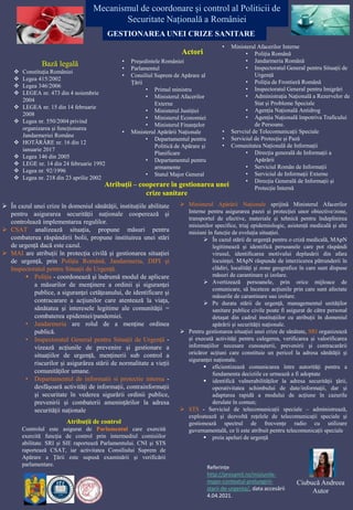 Mecanismul de coordonare și control al Politicii de
Securitate Națională a României
Bază legală
 Constituția României
 Legea 415/2002
 Legea 346/2006
 LEGEA nr. 473 din 4 noiembrie
2004
 LEGEA nr. 15 din 14 februarie
2008
 Legea nr. 550/2004 privind
organizarea și funcționarea
Jandarmeriei Române
 HOTĂRÂRE nr. 16 din 12
ianuarie 2017
 Legea 146 din 2005
 LEGE nr. 14 din 24 februarie 1992
 Legea nr. 92/1996
 Legea nr. 218 din 23 aprilie 2002
• Președintele României
• Parlamentul
• Consiliul Suprem de Apărare al
Țării
• Primul ministru
• Ministerul Afacerilor
Externe
• Ministerul Justiției
• Ministerul Economiei
• Ministerul Finanțelor
• Ministerul Apărării Naționale
• Departamentul pentru
Politică de Apărare și
Planificare
• Departamentul pentru
armamente
• Statul Major General
Referințe
http://presamil.ro/misiunile-
mapn-contextul-prelungirii-
starii-de-urgenta/, data accesării
4.04.2021.
• Ministerul Afacerilor Interne
• Poliția Română
• Jandarmeria Română
• Inspectoratul General pentru Situații de
Urgență
• Poliția de Frontieră Română
• Inspectoratul General pentru Imigrări
• Administrația Națională a Rezervelor de
Stat și Probleme Speciale
• Agenția Națională Antidrog
• Agenția Națională împotriva Traficului
de Persoane.
• Servciul de Telecomunicații Speciale
• Serviciul de Protecție și Pază
• Comunitatea Națională de Informații
• Direcția generală de Informații a
Apărării
• Serviciul Român de Informații
• Serviciul de Informații Externe
• Direcția Generală de Informații și
Protecție Internă
Ciubucă Andreea
Autor
 În cazul unei crize în domeniul sănătății, instituțiile abilitate
pentru asigurarea securității naționale cooperează și
controlează implementarea regulilor.
 CSAT analizează situația, propune măsuri pentru
combaterea răspândirii bolii, propune instituirea unei stări
de urgență dacă este cazul.
 MAI are atribuții în protecția civilă și gestionarea situației
de urgență, prin Poliția Română, Jandarmeria, DIPI și
Inspectoratul pentru Situații de Urgență.
 Poliția - coordonează şi îndrumă modul de aplicare
a măsurilor de menţinere a ordinii şi siguranţei
publice, a siguranţei cetăţeanului, de identificare şi
contracarare a acţiunilor care atentează la viaţa,
sănătatea şi interesele legitime ale comunităţii =
combaterea epidemiei/pandemiei.
• Jandarmeria are rolul de a menține ordinea
publică.
• Inspectoratul General pentru Situații de Urgență -
vizează acțiunile de prevenire și gestionare a
situațiilor de urgență, menținerii sub control a
riscurilor și asigurărea stării de normalitate a vieții
comunităților umane.
• Departamentul de informatii si protectie interna -
desfăşoară activități de informații, contrainformații
și securitate în vederea sigurării ordinii publice,
prevenirii și combaterii amenințărilor la adresa
securității naționale
Atribuții de control
Controlul este asigurat de Parlamentul care exercită
exercită funcţia de control prin intermediul comisiilor
abilitate. SRI și SIE raportează Parlamentului. CNI și STS
raportează CSAT, iar activitatea Consiliului Suprem de
Apărare a Ţării este supusă examinării şi verificării
parlamentare.
 Ministerul Apărării Naționale sprijină Ministerul Afacerilor
Interne pentru asigurarea pazei și protecției unor obiective/zone,
transportul de efective, materiale și tehnică pentru îndeplinirea
misiunilor specifice, triaj epidemiologic, asistență medicală și alte
misiuni în funcție de evoluția situației.
 În cazul stării de urgență pentru o criză medicală, MApN
legitimează și identifică persoanele care pot răspândi
virusul, identificarea motivului deplasării din afara
locuinței. MApN răspunde de interzicerea pătrunderii în
clădiri, localități și zone geografice în care sunt dispuse
măsuri de carantinare și izolare.
 Avertizează persoanele, prin orice mijloace de
comunicare, să înceteze acțiunile prin care sunt afectate
măsurile de carantinare sau izolare.
 Pe durata stării de urgență, managementul unităților
sanitare publice civile poate fi asigurat de către personal
detașat din cadrul instituțiilor cu atribuții în domeniul
apărării și securității naționale.
 Pentru gestionarea situației unei crize de sănătate, SRI organizează
și execută activități pentru culegerea, verificarea și valorificarea
informațiilor necesare cunoașterii, prevenirii și contracarării
oricăror acțiuni care constituie un pericol la adresa sănătății și
siguranței naționale.
 eficientizează comunicarea între autorități pentru a
fundamenta deciziile ce urmează a fi adoptate
 identifică vulnerabilităţilor la adresa securităţii ţării,
operativitatea schimbului de date/informaţii, dar şi
adaptarea rapidă a modului de acţiune în cazurile
derulate în comun;
 STS - Serviciul de telecomunicații speciale – administrează,
exploatează și dezvoltă rețelele de telecomunicații speciale și
gestionează spectrul de frecvențe radio cu utilizare
guvernamentală, ce îi este atribuit pentru telecomunicații speciale
 preia apeluri de urgență
Atribuții – cooperare în gestionarea unei
crize sanitare
Actori
GESTIONAREA UNEI CRIZE SANITARE
 