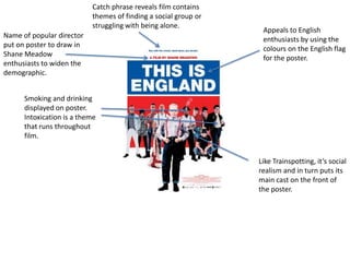 Catch phrase reveals film contains
                           themes of finding a social group or
                           struggling with being alone.
                                                                  Appeals to English
Name of popular director
                                                                  enthusiasts by using the
put on poster to draw in
                                                                  colours on the English flag
Shane Meadow
                                                                  for the poster.
enthusiasts to widen the
demographic.


      Smoking and drinking
      displayed on poster.
      Intoxication is a theme
      that runs throughout
      film.


                                                                 Like Trainspotting, it’s social
                                                                 realism and in turn puts its
                                                                 main cast on the front of
                                                                 the poster.
 