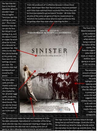 The fact that the
face in the blood
appeared, where it
shouldn’t have
links to tagline
“once you see him,
nothing can save
you”. This is also
linked to how we
can see the face
but the girl is not
looking at us, as if
she doesn’t notice
or maybe he won’t
allow her to look
at us because he
possesses her. Also
refers to the idea
that just by looking
at this poster you
have seen him so
nothing can save
you now. The
audience then feel
threatened and
scared by this
poster.

‘From the producers of’ is effective because it shows these
other well-known films that Horrors lovers may have watched
and if they have watched these successful films then they will
be more persuaded to go and watch ‘Sinister’. All three films
are also of the same sub-genre of Horror; Supernatural so
therefore the audience know what to expect and know they
are getting what they want when watching the film.

The dirty white
walls and tiles
implies some kind
of filthy hospital,
also implied by
her all white raggy
outfit. Could also
be an old worn
down house. This
can also be shown
by the cracks that
are in the walls
also.
Her Slumped pose makes her look semi-conscious as if she
has been possessed, hypnotized or is a member of the living
dead. Also the way she is young and creating an image on the
wall represents the idea that she is playing some sort of
game, or she is allowing everyone else to see what possesses
her. The villain shows hints of paedophilia as he seems to
only use children which are both frightening and horrifying.

The Face in the
blood is obscured
so the audience
can’t quite tell
what demonic
being is behind
the horror of the
movie. The
features suggest
some kind of
mask, or clown or
skeleton again
giving in to some
of the narrative
The excessive
amount of blood
smeared against
the walls
highlights the
violence and
torturing. The fact
that the little girl
is smearing it
across the wall
suggests that
children have a lot
to do with the
narrative and
maybe they are
really the
antagonists.
The rope on the floor indicates torture through
being tied up and held hostage. Could also link to
the narrative e.g. when he hangs a family and at
the end when he ties them up and kills them. The
floorboards that the girl is standing on suggest
that the stock location is in a house, and the
horror is happening within this particular house.

 