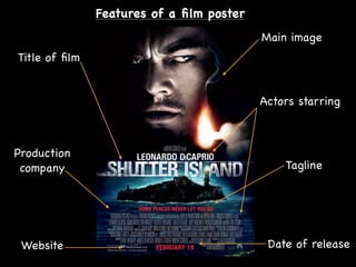 Main image
Title of ﬁlm
Tagline
Production
company
Actors starring
Website Date of release
Features of a ﬁlm poster
 