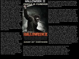 The film shown is presenting the release of the 1981 American
slasher film, “Halloween II”. The aim of this poster is to engage
with the audience and give them a visual insight of what the
film will contain, in order to attract them and convince them to
purchase in watching the film. 

The colour scheme of the ﬁlm poster, “Halloween II”, consists of
mainly monochromatic colours such as black, white and grey,
which is signiﬁcant in conveying the genre of the ﬁlm to the
audience. The colours used are traditionally linked to themes
such as darkness which often connotes to the idea of evil, fear,
despair and mystery. The use of low-key lighting is therefore
important as the dim hue and shadows within the poster creates
a dark and uncanny atmosphere which builds feelings of anxiety
and uneasiness amongst the audience. This is as, due to the low-
key lighting, the identity of the character is masked, making the
audience feel vulnerable. 

However, the title of the ﬁlm, “Halloween II”, is presented at
the bottom of the page, in bold, capitalised, bright orange font
which allows it to stand out in comparison to the dark toned
background. This is a signiﬁcant factor in attracting the target
audience as the bright colour highlights the title of the ﬁlm,
therefore grabbing the attention of the audience and focusing
on this section of the ﬁlm poster. Halloween denotes to the
Celtic festival Samhain, which believed that ghosts and spirits
returned to earth and lived amongst humans once again. The
festival traditionally connotes to themes such as ghosts, evil and
satin. The title of the ﬁlm therefore automatically implies to the
audience that the narrative of the ﬁlm will be focused around
this festival and the connotations held behind it, highlighting to
them that this ﬁlm is of the horror-slasher genre.

Pathetic fallacy is used within the poster in
order to represent the emotions felt by the
character and the characteristic which they
hold, in order for the audience to gain a
deeper understanding of them. As presented on
the poster, the character is caught up within a
thunderstorm which is signiﬁcant as rain can
connote to ideas such as anger, sorrow and
ruthlessness which is signiﬁcant as this darkens
the overall mood of the image, creating a
sinister atmosphere. This automatically makes
the audience aware that this ﬁlm is of the
horror genre which therefore attracts horror
fanatics to purchase in this ﬁlm. Furthermore,
the middle-angle shot used within the poster is
also important in reinforcing the horror-slasher
genre to the audience. This is as the middle-
angle shot presents the character in the
process of striking his victim with a knife,
which implies that the narrative of the ﬁlm
possibly focuses around a ruthless serial killer.
This overall links to Sigmund Freud’s theory of
sadistic voyeurism.

Within the poster, props are a signiﬁcant
factor in conveying male authority to the
audience, through the use of phallic symbols.
This as the male character presented on the
poster, seems to be holding a knife which is an
object that traditionally holds connotations to
themes such as pain, betrayal, revenge,
sacriﬁce, authority and power. The male
character, by holding this weapon, is therefore
being presented as the dominant power within
the ﬁlm in comparison to his female victim,
who is presented as the ‘damsel in distress’.
This clearly illustrates Laura Mulvey’s male
gaze theory as she states that gender power
asymmetry within ﬁlm are constructed for the
pleasure of the male viewer, which is deeply
rooted in patriarchal ideologies. 

The identity of the victim remains unknown to the audience as they are covered by the title of the
ﬁlm “Halloween II”. However, the audience are able to see that the male character is holding
something in his right ﬁst, which resembles female hair. Long hair conventionally is seen as a key
aspect of being feminine therefore suggesting to the audience that the victim is a female, reinforcing
the idea of male dominance and female subservience. Furthermore, by making the victim's identity is
an enigma, entices the audience to ask questions such as who is she? What is her relation to the
killer? Why did he kill her? This overall intrigues the audience and leads them to watch this ﬁlm in
order to ﬁnd the answers to their questions.
HALLOWEEN II
 