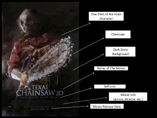 One Shot of the main
character

Chainsaw

Dark Eerie
Background

Name of The Movie

Sell Line
Movie Info
(actors, director etc.)
Movie Release Date

 