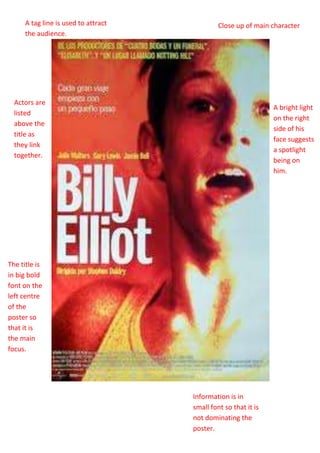 A bright light on the right side of his face suggests a spotlight being on him. Actors are listed above the title as they link together.A tag line is used to attract the audience.The title is in big bold font on the left centre of the poster so that it is the main focus.Close up of main character<br />Information is in small font so that it is not dominating the poster.<br />