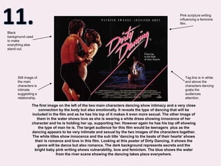 11.Pink scripture writing influencing a feminine film.Black background used to make everything else stand out.Still image of the main characters is intimate suggesting a relationship.Tag line is in white and above the characters dancing grabs the audiences attention.The first image on the left of the two main characters dancing show intimacy and a very close connection by the body but also emotionally. It reveals the type of dancing that will be included in the film and as he has his top of it makes it even more sexual. The other image of them in the water shows love as she is wearing a white dress showing innocence of her character and he is holding her up, supporting her. However again he has his top off showing the type of man he is. The target audience for this film would be teenagers  plus as the dancing appears to be very intimate and sexual by the two images of the characters together. The white titles show innocence and the sub title ‘dancing to the beats of their hearts’ shows their is romance and love in this film. Looking at this poster of Dirty Dancing, it shows the genre will be dance but also romance. The dark background represents secrets and the bright baby pink writing shows vulnerability, love and feminism. The blue shows the water from the river scene showing the dancing takes place everywhere.