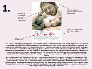 1.White background suggest an innocence to the narrative.Position of characters suggest they are in a relationship.Letters on the floor could link with the tag line.Colour red connotes love.The purpose of this poster is to give the audience an insight in to the narrative of the film, from this poster you can tell that the genre will be a romantic comedy between the characters starring in the poster and from the picture on the poster the audience can tell that the two are in a relationship, also its a marketing technique to get the film known to enable the largest possible audience and to inform information e.g. the date of release. The prominent colours used in this film are white and red which are both connotes to love and passion for red and for white pure and innocent. Colours for posters are chosen to which best fit genres and from the colours chosen for this you can tell that this film is going to entail a love story with an innocent narrative therefore a rom com. For example a lot of horrors use black and red to represent death and blood or danger.The image shown in this poster portrays a genre specific element as the way the shot it set up you can tell its a love story. The fact that it looks like both the character have minimal clothing shows a sign of intimacy and her hand is clearly central to the shot with a wedding ring on. The image used is very realistic because the way the male character is looking at the female character laying down shows his admiration for her and does show a couple that seem to be in love. The titles colour has significance to the film because its red and in script so the first thing is that it stands out on a washed out image and white background but it also portrays the theme love. 