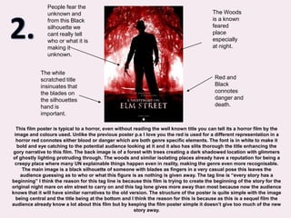 People fear the unknown and from this Black silhouette we cant really tell who or what it is making it unknown.2.The Woods is a known feared place especially at night.The white scratched title insinuates that the blades on the silhouettes hand is important.Red and Black connotes danger and death.This film poster is typical to a horror, even without reading the well known title you can tell its a horror film by the image and colours used. Unlike the previous poster p.s I love you the red is used for a different representation in a horror red connotes either blood or danger which are both genre specific elements. The font is in white to make it bold and eye catching to the potential audience looking at it and it also has slits thorough the title enhancing the gory narrative to this film. The back image is of a forest with trees creating a dark shadowed location with glimmers of ghostly lighting protruding through. The woods and similar isolating places already have a reputation for being a creepy place where many UN explainable things happen even in reality, making the genre even more recognisable. The main image is a black silhouette of someone with blades as fingers in a very casual pose this leaves the audience guessing as to who or what this figure is as nothing is given away. The tag line is “every story has a beginning” I think the reason for this tag line is because this film is trying to create the beginning of the story for the original night mare on elm street to carry on and this tag lone gives more away than most because now the audience knows that it will have similar narratives to the old version. The structure of the poster is quite simple with the image being central and the title being at the bottom and I think the reason for this is because as this is a sequel film the audience already know a lot about this film but by keeping the film poster simple it doesn’t give too much of the new story away.