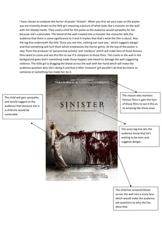I have chosen to analyses the horror of poster ‘Sinister’. When you first set your eyes on the poster
you are instantly drawn to the little girl smearing a picture of what looks like a monster on the wall
with her bloody hands. They used a child for the poste so the audience would sympathy for her
because she’s vulnerable. The blood of the wall created into a monster like character tells the
audience that there is some significance to it and it implies that that’s what the film is about. Also
the tag line underneath the title ‘Once you see him, nothing can save you.’ which suggests danger
and that something will hurt them which emphasizes the horror genre. At the top of the poster is
says ‘from the producer of ‘paranormal activity’ and ‘insidious’ which will make fans of those famous
films want to come and see this film to see if it compares to those films. The cracks in the wall in the
background gives that’s something made those happen and meant to damage the wall suggesting
violence. The little girl is dragging the blood across the wall with her hand which will make the
audience question why she’s doing it and that a little ‘innocent’ girl wouldn’t do that by choice so
someone or something has made her do it.
The scary tag line lets the
audience know that he’s
waiting to be seen and
suggests danger.
The reason why mention
famous films is gain the fans
of those films to see it this as
its amazing like these ones.
The child will gain sympathy
and would suggest to the
audience that because she is
a child she would be
vulnerable.
The child has smeared blood
across the wall into a scary face
which would make the audience
ask questions to why she has
done that.
 