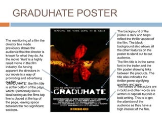GRADUHATE POSTER
The mentioning of a film the
director has made
previously shows the
audience that the director is
known for what they do. As
the movie ‘Hurt’ is a highly
rated movie in the film
industry. So having
apparent the directors in
our movie is a way of
promoting and advertising
our film.
The names of the actors are
in bold and other words are
written in capitals but not in
bold writing. This is to get
the attention of the
audience as they have a
high interest of the film.
‘GRADUHATE’, the film title
is at the bottom of the page
which I personally feel is
ideal seeing as the films tag
line is placed at the top of
the page, leaving space
between the two significant
sections.
The film title is in the same
font in the trailer and the
film poster showing links
between the products. The
title also indicates the
thriller genre signifying
mystery and gore.
The background of the
poster is dark and helps
reflect the thriller aspect of
the film. The black
background also allows all
the other features on the
poster to stand out to our
audience.
 