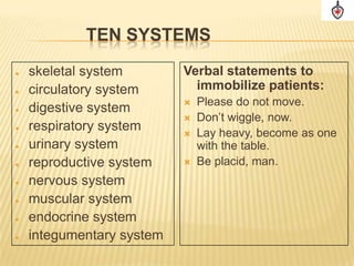 TEN SYSTEMS
   skeletal system        Verbal statements to
   circulatory system       immobilize patients:
                              Please do not move.
   digestive system
                              Don’t wiggle, now.
   respiratory system        Lay heavy, become as one
   urinary system             with the table.
   reproductive system       Be placid, man.
   nervous system
   muscular system
   endocrine system
   integumentary system
 