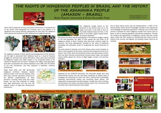 THE RIGHTS OF INDIGENOUS PEOPLES IN BRAZIL AND THE HISTORY
OF THE ASHANINKA PEOPLE
(AMAZON – BRAZIL)
Benki Piyanko Ashaninka & Érika Fernandes-Pinto
The Ashaninka´s Indigenous Territory – culture and nature
Organized by the APIWTXA association, the Ashaninka people have built
environmental policies that are now being recognized as original ways of
managing and recovering the forest and rivers; creating food sustainability,
improving environmental quality, and recovering native species. This
organization has generated innovative designs, through their way of working,
turning dreams into reality, and demonstrating a way to live in harmony with
the forest and in partnership with other people.
“KNOWLEDGE OF THE FOREST CENTER”
Since 2007 doing exchanges between indigenous and local people
and training the new generation
Rescuing and adapting the traditional knowledge, managing and
recovering the forest and rivers, creating food sustainability
Brazil, with its expansive territory and varied environments, is considered one
of the world's most biologically rich countries, and is also distinct in its
significant socio-cultural diversity, represented by more than 235 indigenous
ethnic groups and hundreds of other traditional non-indigenous groups.
The indigenous peoples of Brazil, gained acknowledgement of their identities
and the right to demarcate their traditional lands as a result of historical
struggles for territorial and cultural affirmation. These issues were promoted
by indigenous leaders and rubber tappers in the movement known as the
"Alliance of Peoples from the Forest," initiated in the 1980s. These legal rights
have been incorporated into national legislature since 1988, with the advent
of the new Constitution, and they represent a important, collective
achievement.
Today, Brazil holds over 600 demarcated
indigenous territories. However, despite
advances made in the last two decades, there
lacks many concrete operations necessary for
the effective implementation of these
territories. Currently, these areas face major
threats, not only from proposals to change
their legal demarcation, but also from the
negative impact of large-scale infrastructure
construction.
Participatory planning and mapping Brazil and Peru border protection
The indigenous people known as the
Ashaninka of the Amônia River live in the
Upper Juruá River, in the state of Acre on
the border between Brazil and Peru, in the
heart of the world's largest tropical forest,
the Amazon Rainforest.
This group have been directly participating in this historical struggle, seeking
to not only guarantee the rights of their people but also those of all
indigenous people of Brazil. Similarly, they have built a distinct model for
economic and social development, founded on the value of traditional
knowledge and spirituality, aimed at recognizing the sacred dimension of
nature.
This work intends to illustrate a bit of this history, some current activities, as
well as a few prospects for the future, told from the perspective of one of its
leaders. Since 1992, when the Ashaninka territory was demarcated in Brazil,
there has been intensive environmental recovery actions taken; and equally
intense battles against the actions of illegal loggers, hunters, and narcotics
traffickers.
One of these pivotal actions was the implementation, in 2007, of the
Yorenka Ãtame Center (Forest Knowledge), founded on the experiences
and knowledge of traditional populations. Initiatives such as these have
served as examples for other indigenous people from various parts of
Brazil, as well as reaching significant international recognition. Through
the recovery and appreciation of indigenous cultures and their sacred
values, these and other people are transforming their history and the
history of the country; and together are building a better future for all
mankind.
How to know more...
benkipiyanko@yahoo.com.br
erikalencois@yahoo.com.br
 