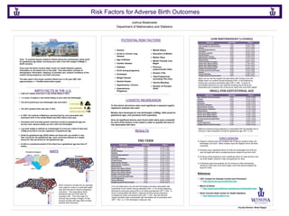 Joshua Blaskowski
Risk Factors for Adverse Birth Outcomes
Department of Mathematics and Statistics
POTENTIAL RISK FACTORSGOAL
BIRTH FACTS IN THE U.S.
MAPS
Goal: To examine factors related to infants being born prematurely, being small
for gestational age (SGA), and being born with a low birth weight (<2500g) in
North Carolina.
Every year the North Carolina State Center for Health Statistics gathers
information on all infants born in the state. This information consists of
demographic information, adequacy of prenatal care, medical conditions of the
mother during pregnancy, and birth outcomes.
The data used in this study consists infants born in the year 2007 with
approximately n = 130,886 mother/infant dyads.
 Anemia
 Acute or chronic lung
disease
 Age of Mother
 Cardiac disease
 Diabetes
 Drink during pregnancy
 Eclampsia
 Weight Gained
 Genital Herpes
 Hypertension, Chronic
 Hypertension,
Pregnancy
 Marital Status
 Education of Mother
 Mother Race
 Month Prenatal Care
Began
 Previous
preterm/small infant
 Smoker (Y/N)
 Total Pregnancies
(including This One)
 Uterine Bleeding
 Number of Prenatal
Visits
LOGISTIC REGRESSION
To find which risk factors were most significant a stepwise logistic
regression analysis was used.
Models were developed for low birthweight (<2500g), SGA (small for
gestational age), and premature birth separately
Once all significant factors were found odds ratios were computed
for each of the factors in the model in order to quantify the level of
risk associated with each.
RESULTS
DISCUSSION
 Hispanic mothers have the smallest risk of having a preterm baby, low
birthweight, and SGA. Black mothers have the highest risk for all three
outcomes.
 Smoking was a significant factor for both low birthweight and SGA but
was not significant when considering factors related to pre-term birth.
 Drinking during pregnancy was a significant factor for both pre-term and
low birth weight, however it was not significant for SGA.
 Eclampsia poses the greatest risk for having an infant prematurely,
having an infant with a low birth weight, and is the second largest risk
factor for SGA.
References
 CDC Centers for Disease Control and Prevention
 http://www.cdc.gov/nchs/births.htm
 March of Dimes
 http://www.marchofdimes.org/baby/low-birthweight.aspx
 North Carolina State Center for Health Statistics
 http://www.schs.state.nc.us
 3,957,577 babies were born in the United States in 2013.
 1 in every 12 babies in the United States is born with low birthweight.
 The 2013 preliminary low birthweight rate was 8.02%.
 The 2013 preterm birth rate was 11.39%.
 In 2007, the Institute of Medicine reported that the cost associated with
premature birth in the United States was $26.2 billion each year.
 Premature birth and fetal growth restriction (small for gestational age) are
the two main reasons babies are born with low birthweight.
 Low birth weight is defined as a birthweight of a live-born infant of less than
2,500g (5 pounds 8 ounces) regardless of gestational age.
 Small for gestational age (SGA) babies are those who are smaller in size
than normal for the gestational age, most commonly defined as a weight
below the 10th percentile for the gestational age.
 A birth is considered preterm if the infant has a gestational age less than 37
weeks.
Premature
SGA
From the table above we can see that largest risk factor associated with
prematurity is the mother having eclampsia (OR = 4.12) during pregnancy
followed by previously giving birth to an infant prematurely (OR = 3.80). In
terms of preventable risk factors, maternal drinking during pregnancy
increases the odds of premature birth (OR = 1.44). Also we see that
regular prenatal visits is associated with decreased risk of premature birth
(OR = .90), i.e. a 10% decrease in odds per visit.
Again we can see the largest risk associated with having a low birth
weight infant is a mother having eclampsia (OR = 4.25) followed by
having had a previous premature baby (OR = 3.96). In terms of
preventable behaviors we see maternal smoking and drinking are
associated with increased risk of having an infant with a low birth weight
Maternal smoking during pregnancy is associated with the greatest risk of
having an infant classified as small for gestational age (OR = 2.19).
North Carolina is divided into six perinatal
care regions in order to coordinate health
care and services to improve pregnancy
outcomes . The maps above show
premature birth and SGA rates for
counties in NC. From the maps it is
obvious that counties in Region VI has
several counties with high rates of these
adverse birth outcomes.
Faculty Advisor: Brant Deppa
 