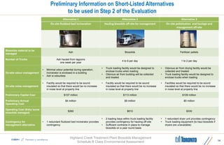 Highland Creek Treatment Plant Biosolids Management
Schedule B Class Environmental Assessment
Preliminary Information on Short-Listed Alternatives
to be used in Step 2 of the Evaluation
Alternative 1 Alternative 2 Alternative 3
On-site fluidized bed incineration Hauling biosolids off-site for management On-site pelletization and haulage and
management off-site
Biosolids material to be
managed
Ash Biosolids Fertilizer pellets
Number of Trucks Ash hauled from lagoons
one week per year
4 to 6 per day 1 to 2 per day
On-site odour management
• Minimal odour potential during operation,
incinerator is enclosed in a building
• Ash is odourless
• Truck loading facility would be designed to
enclose trucks when loading
• Odorous air from building will be collected
and treated
• Odorous air from drying facility would be
collected and treated
• Truck loading facility would be designed to
enclose trucks when loading
On-site noise management
• Facility would be required to be sound
insulated so that there would be no increase
in noise level at property line
• Facility would be required to be sound
insulated so that there would be no increase
in noise level at property line
• Facilities would be required to be sound
insulated so that there would be no increase
in noise level at property line
Preliminary Capital Cost $107 million $113 million $109 million
Preliminary Annual
Operating Cost
$4 million $9 million $5 million
Operating Cost ($/dry tonne
biosolids managed)
$260 $610 $330
Contingency for
management alternative
• 1 redundant fluidized bed incinerator provides
contingency
• 2 loading bays within truck loading facility
provides contingency for hauling off-site
• Sufficient contracts in place to manage
biosolids on a year round basis
• 1 redundant dryer unit provides contingency
• Truck loading equipment (to haul biosolids if
dryers are unavailable)
14
 