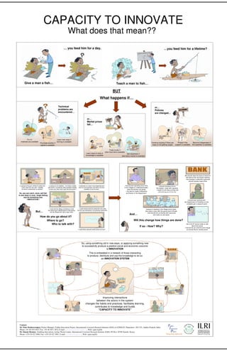 CAPACITY TO INNOVATE
                                                                                     What does that mean??
                                                                               … you feed him for a day.                                                                                                                                   …you feed him for a lifetime?




          Give a man a fish…                                                                                                                                         Teach a man to fish…

                                                                                                                                                                 BUT
                                                                                                                                            What happens if…

                                                                        Technical                                                                                                                                            or…
                                                                        problems are                                                                                                                                         Policies
                                                                        encountered…                                                                                                                                         are changed…

                                                                                                                      or…
                                                                                                                      Market prices
                                                                                                                      fall…




           Fix it if                                                   Learn new ways if
   materials are available                                            training is available
                                         Purchase another if                                                                                                                                                             Continue anyway if there are   Protest if the          Become independent if
                                         capital is available                                                                                                                                                             ways of not getting caught support is available      the expertise is available


                                                                                                                                                             Trade locally if
                                                                                                                                                       other food items available
                                                                                                                    Learn ways to store if                                          Sell elsewhere if
                                                                                                                    knowledge is available                                   alternative market is available




                                                                                                                                                                                                                                                                    We should raise the issue of loans for
                                                                                                                                                                                                                                                                     fish feed at the next board meeting
                       Department
                                                                                                                                                                                                                                                                    - the increase in potential customers
                       Of Fis heries
                                                                                                                                                                                                                                                                          should impress head office


 I could go to the gov’t official for advice but    I could go to my neighbor – he knows a trader      I could ask for a loan to buy fingerlings and                             I should start spending more time                  I should introduce him to
    I don’t know him very well – besides,          with whom I can discuss other possible markets.     start my own business, but there is no loan                              In the villages to understand better            the traders I meet with regularly
     he doesn’t understand my situation.            Is there any other way to get that information?             available to buy the feed.                                            what the farmers are doing               - maybe he will stop coming over
                                                                                                                                                                                  - I do want to make a difference                 and bothering me all the time
 So, you can catch, store, sell fish                                                                                                                                               as Director of the Department
in new ways or even forget fishing
      and do something new
         - INNOVATION !                                                                                                                                                                                                                                                  I should start working with
                                                           Villag e
                                                           Council                                                                                                                                                                                                  the Department of Fisheries on this
                                                                                                                                                                                                                                                                      - probably get a research grant


                                                     I could ask the village committee to invite         I could interact with the researcher who visits                                                         Instead of meeting in the village every week,
                                                   the various gov’t departments for discussions      but he’s just interested in me growing mushrooms.
                                       But…            but the officials don’t talk to each other.
                                                                                                                                                                                                                lets meet in town with the government officials
                                                                                                                                                                                                                  - that should link us directly with resources
                                                                                                                                                                                       And…                                 and make our job easier
                                         How do you go about it?
                                             Where to go?                                                                                                                                     Will this change how things are done?
                                                 Who to talk with?                                                                                                                                                                                                      He is the 5 th farmer today to ask
                                                                                                                                                                                                       If so - How? Why?                                                        about fish prices
                                                                                                                                                                                                                                                                    - I should set up a service and charge
                                                                                                       I could follow national market prices but how?                                                                                                                   an annual fee for market prices




                                                                                                            So, using something old in new ways, or applying something new
                                                                                                            to successfully produce a positive social and economic outcome
                                                                                                                                   is INNOVATION
                                                                                                                        This is embedded in a network of those interacting
                                                                                                                      to produce, distribute and use the knowledge to do so
                                                                                                                                   -an INNOVATION SYSTEM




                                                                                                                                 Improving interactions
                                                                                                                            between the actors in the system
                                                                                                                   changes the habits and practices, facilitates learning,
                                                                                                                          contributes to knowledge and builds
                                                                                                                             “CAPACITY TO INNOVATE”




 Contact:
 Dr. Peter Bezkorowajnyj, Project Manager, Fodder Innovation Project, International Livestock Research Institute (ILRI) c/o ICRISAT, Patancheru –502 324, Andhra Pradesh, India.
 Phone: +91 40 30713653, Fax: +91 40 3071 3074, E-mail: p.bezkorowajnyj@cgiar.org, Web: cgiar.org/ilri.
 Dr. Dannie Romney, Enabling Innovations Acting Theme Leader, International Livestock Research Institute (ILRI), PO Box 30709 Nairobi, Kenya.
 Phone: +254 20 422 3000, Fax: +254 20 422 3001, E-mail: d.romney@cgiar.org, Web: cgiar.org/ilri.
 