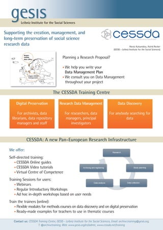 Contact us: CESSDA Training Centre, GESIS - Leibniz Institute for the Social Sciences, Email: archive.training@gesis.org,
T: @archivetraining, Web: www.gesis.org/en/admtc, www.cessda.net/training
CESSDA: A new Pan-European Research Infrastructure
The CESSDA Training Centre
Digital Preservation
For archivists, data
librarians, data repository
managers and staff
Research Data Management
For researchers, data
managers, principal
investigators
Data Discovery
For anybody searching for
data
We offer:
Self-directed training:
		• CESSDA Online guides
		• CESSDA Video tutorials
		• Virtual Centre of Competence
Training Sessions for users:
		• Webinars
		• Regular Introductory Workshops
		• Ad hoc in-depth workshops based on user needs
Train the trainers (online):
		• Flexible modules for methods courses on data discovery and on digital preservation 				
		• Ready-made examples for teachers to use in thematic courses
Planning a Research Proposal?
• We help you write your
Data Management Plan
• We consult you on Data Management
	 throughout your project
ConsortiumofEuropeanSocialScienceDataArchive
Supporting the creation, management, and
long-term preservation of social science
research data Alexia Katsanidou, Astrid Recker
(GESIS - Leibniz Institute for the Social Sciences)
 
