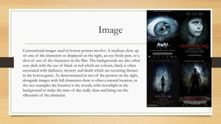 Image
Conventional images used in horror posters involve: A medium close up
of one of the characters as displayed on the right, an eye/body part, or a
shot of one of the characters in the film. The backgrounds are also often
very dark with the use of black or red which are colours, black is often
associated with darkness, mystery and death which are recurring themes
in the horror genre. As demonstrated in two of the posters on the right,
alongside images with full characters there is often a natural location, in
the two examples the location is the woods, with moonlight in the
background to make the time of day really clear and bring out the
silhouette of the character.
 