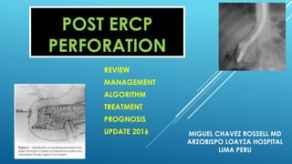 POST ERCP
PERFORATION
REVIEW
MANAGEMENT
ALGORITHM
TREATMENT
PROGNOSIS
UPDATE 2016 MIGUEL CHAVEZ ROSSELL MD
ARZOBISPO LOAYZA HOSPITAL
LIMA PERU
 