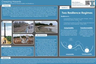 Creeping Hazards
Towards a Framework for Transformability and Resilience
Riley Balikian
Prairie Research Institute
Illinois State Geological Survey
University of Illinois Urbana-Champaign
Equilibrium
Disturbed
System
(Disequilibrium)
New
Equilibrium
Threshold
Two Resilience Regimes
Adaptability Transformability
Geohazards have generally been understood and defined as acute events that take place on short human
timescales. However, both human- and naturally-induced events can develop and occur over the course of several
years or longer. “Creeping hazards” is a term that was used as early as 1979 and refers to a subset geohazards that
are protracted over a relatively long period of time (Klinteberg, 1979; Jarman and Kousmin, 1994; Grigg, 1996;
Thomalla et al., 2006). This type of geohazard may be indicative of a system in disequilibrium, and the resilience
regime for a system producing this class of geohazard may be better understood as one of transformation rather
than adaptation, because the equilibrium state is changing (Walker et al., 2004).
Overview
Resilience
Resilience is…
“Long persistence in the face of...major changes…without
dramatically altering” (Holling, 1973)
or
“Capacity of a system to continually change and adapt yet
remain within critical thresholds “ (Folke, 2010)
Adaptability
“the capacity to adjust responses
to changing external drivers and
internal processes and thereby
allow for development along the
current trajectory,” (Folke, 2010)
Transformability
“the capacity to create a
fundamentally new system
when ecological, economic,
or social conditions make the
existing system untenable
(Folke; Walker).
Land subsidence
Image Credit: USGS
Desertification
Image Credit: Del Prado Farms
Soil Creep
Image Credit: Illinois DOT
Rising Sea Levels
Image Credit: Riley Balikian
The risk of creeping hazards is not evident
in historical data, and standard risk-
assessment methodologies can miscalculate
the vulnerability of communities facing
such a risk (Eichner et al., 2006). This is
due in part to the statistical methods used to
calculate risk. Recurrence intervals, for
example, can underestimate the probability
of hazards in degrading systems. They also
have difficulty incorporating hazards that
are continuously building (Jarman and
Kouzmin; Rosenthal, 1989; 2001).
Risk Assessment
Bogachev, M.I., Eichner, J.F., Bunde, A., 2008. On the Occurence of Extreme Events in Long-term Correlated and Multifractal Data Sets. Pure and Applied Geophysics 165, 1195–1207. ◆ Bogachev, M.I., Bunde, A., 2011. On the predictability of extreme events in records with linear an
nonlinear long-range memory: Efficiency and noise robustness. Physica A: Statistical Mechanics and its Applications 390, 2240–2250.; Bunde, A., F. Eichner, J., Havlin, S., Kantelhardt, J.W., 2003. The effect of long-term correlations on the return periods of rare events. Physica A: Statistical Mechanics and its Application
RANDOMNESS AND COMPLEXITY: Proceedings of the International Workshop in honor of Shlomo Havlin’s 60th birthday 330, 1–7. ◆ Eichner, J., Kantelhardt, J.W., Bunde, A., Havlin, S., 2006. Extreme value statistics in records with long-term persistence. Physical Review 73.; Gil-Alana, L.A., 2012. U.K. Rainfall Data: A Long
Term Persistence Approach. Journal of Applied Meteorology and Climatology 51, 1904–1913. ◆ Grigg, N.S., 1996. Water resources management: principles, regulations, and cases (No. 631.7 G72). New York: McGraw-Hill. ◆ Jarman, A.M.G., Kouzmin, A., 1994. Creeping Crises, environmental agendas, and expert
systems: a research note. International Review of Administrative Sciences 60, 399–422. ◆ Klinteberg, R., 1979. Management of Disaster Victims And Rehabilitation Of Uprooted Communities. Disasters 3, 61–70. ◆ Rosenthal, U., Charles, M.T., Hart, P. (Eds.), 1989. Coping with crises: the management of disasters, riots, a
terrorism. C.C. Thomas, Springfield, Ill., U.S.A. ◆ Rosenthal, U., Boin, A., Comfort, L.K. (Eds.), 2001. Managing crises: threats, dilemmas, opportunities. Charles C Thomas, Springfield, Ill.; Thomalla, F., Downing, T., Spanger-Siegfried, E., Han, G., Rockström, J., 2006. Reducing hazard vulnerability: towards a common
approach between disaster risk reduction and climate adaptation: Reducing Hazard Vulnerability. Disasters 30, 39–48.
Systems exhibiting persistence and those with correlated
extremes require new assessment methods (Bunde et al., 2003;
Eichner et al.; Bogachev et al., 2008; Bogachev & Bunde, 2011;
Gil-Alana, 2012). More work is needed to create frameworks to
incorporate these new methods into hazard management
protocols (Vlek, 2005; Rosenthal, 2001).
Future Work
References
 