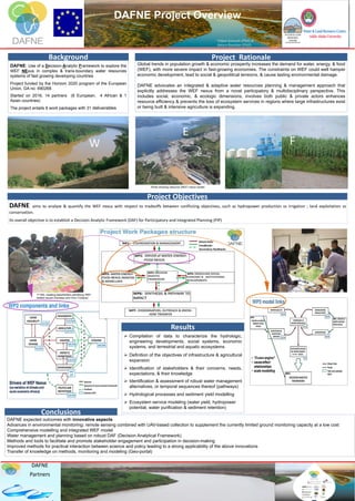 DAFNE: Use of a Decision-Analytic Framework to explore the
WEF NExus in complex & trans-boundary water resources
systems of fast growing developing countries
Project funded by the Horizon 2020 program of the European
Union, GA no. 690268.
Started on 2016, 14 partners (6 European, 4 African & 1
Asian countries)
The project entails 8 work packages with 31 deliverables
Background
 Compilation of data to characterize the hydrologic,
engineering developments, social systems, economic
systems, and terrestrial and aquatic ecosystems
 Definition of the objectives of infrastructure & agricultural
expansion
 Identification of stakeholders & their concerns, needs,
expectations, & their knowledge
 Identification & assessment of robust water management
alternatives, or temporal sequences thereof (pathways)
 Hydrological processes and sediment yield modelling
 Ecosystem service modeling (water yield, hydropower
potential, water purification & sediment retention)
Description of Work packages
& Deliverables
Global trends in population growth & economic prosperity increases the demand for water, energy, & food
(WEF), with more severe impact in fast-growing economies. The constraints on WEF could well hamper
economic development, lead to social & geopolitical tensions, & cause lasting environmental damage.
DAFNE advocates an integrated & adaptive water resources planning & management approach that
explicitly addresses the WEF nexus from a novel participatory & multidisciplinary perspective. This
includes social, economic, & ecologic dimensions, involves both public & private actors enhances
resource efficiency & prevents the loss of ecosystem services in regions where large infrastructures exist
or being built & intensive agriculture is expanding.
Project Rationale
DAFNE expected outcomes with innovative aspects
Advances in environmental monitoring: remote sensing combined with UAV-based collection to supplement the currently limited ground monitoring capacity at a low cost
Comprehensive modelling and integrated WEF model
Water management and planning based on robust DAF (Decision Analytical Framework)
Methods and tools to facilitate and promote stakeholder engagement and participation in decision-making
Improved methods for practical interaction between science and policy leading to a strong applicability of the above innovations
Transfer of knowledge on methods, monitoring and modeling (Geo-portal)
Conclusions
Results
REPLACE THIS BOX WITH
YOUR ORGANIZATION’S
HIGH RESOLUTION LOGO
Swiss federal institute
of technology Zurich
Politecnico Di Milano
(POLIMI)
International Centre
for Research on the
Environment & the
Economy- ICRE8
KU Leuven Department of
Earth & Environmental
Sciences
University of Aberdeen.
School of Law Institutional
Statement
University of Osnabrueck.
Institute of Environmental
Systems Research
International Water
Management Institute
(EWMI)
African Collaborative
Center for Earth
System Science
University of Zambia
(UNZA)
Eduardo Mondlane
University
VISTA Remote Sensing
in Geosciences GMBH
ATEC-3D LIMITED
European Institute for
Participatory Media E.V.
Water & Land Resources
Centre (WLRC)
DAFNE aims to analyze & quantify the WEF nexus with respect to tradeoffs between conflicting objectives, such as hydropower production vs irrigation ; land exploitation vs
conservation.
Its overall objective is to establish a Decision Analytic Framework (DAF) for Participatory and Integrated Planning (PIP)
Project Objectives
1st NSL meeting stakeholders identifying WEF-
related issues (Zambezi and Omo Turkana)
Photo showing resource (WEF) nexus cluster
DAFNE Project Overview
Yilikal Anteneh (PhD) &
Amare Bantider (PhD)
DAFNE
Partners
W
E
F
FOOD
 