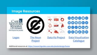 Image Resources
Logos The Noun
Project
Data Visualisation
Catalogue
Data Viz Project
Additional resources at: https://researchguides.case.edu/posterdesign/home
 