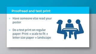Proofread and test print
» Have someone else read your
poster
» Do a test print on regular
paper: Print → scale to fit →
letter size paper → landscape
 