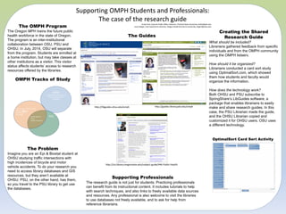 Supporting OMPH Students and Professionals:
                                                                                  The case of the research guide
        The OMPH Program
                                                                                                                               Emily Ford, Urban & Public Affairs Librarian, Portland State University, forder@pdx.edu
                                                                                                                      Laura Zeigen, User Experience Librarian, Oregon Health & Science University, zeigenl@ohsu.edu

The Oregon MPH trains the future public                                                                                                                                                                                     Creating the Shared
health workforce in the state of Oregon.                                                                        The Guides                                                                                                    Research Guide
The program is an inter-institutional
                                                                                                                                                                                                                   What should be included?
collaboration between OSU, PSU and
                                                                                                                                                                                                                   Librarians gathered feedback from specific
OHSU. In July, 2014, OSU will separate
                                                                                                                                                                                                                   individuals and from the OMPH community
from the program. Students are enrolled at
                                                                                                                                                                                                                   using the OMPH listserv.
a home institution, but may take classes at
other institutions as a visitor. This visitor
                                                                                                                                                                                                                   How should it be organized?
status affects students’ access to research
                                                                                                                                                                                                                   Librarians conducted a card sort study
resources offered by the libraries.
                                                                                                                                                                                                                   using OptimalSort.com, which showed
                                                                                                                                                                                                                   them how students and faculty would
     OMPH Tracks of Study                                                                                                                                                                                          organize the information.

                                                                                                                                                                                                                   How does the technology work?
                                                    OHSU
                                            Epidemiology & Biostatistics                                                                                                                                           Both OHSU and PSU subscribe to
                                               Primary Care & Health
                                                    Disparities                                                                                                                                                    SpringShare’s LibGuides software, a
                                                                                                                                                                                                                   package that enables librarians to easily
                                                                                   http://libguides.ohsu.edu/omph                              http://guides.library.pdx.edu/omph                                  make and share research guides. In this
     Environment, Health & Safety
     Epidemiology
             OSU
     Biostatistics                                                                                                                                                                                                 case, the PSU Librarian made the guide,
     Intl Health
                         Health Mgmt &
                         Policy
                                               PSU                                                                                                                                                                 and the OHSU Librarian copied and
                         Health Promotion                                                                                                                                                                          customized it for OHSU users. OSU uses
                                                                                                                                                                                                                   a different technology.


                                                                                                                                                                                                                         OptimalSort Card Sort Activity

                    The Problem
Imagine you are an Epi & Biostat student at
OHSU studying traffic intersections with
high incidences of bicycle and motor
                                                                                            http://ica.library.oregonstate.edu/subject-guide/446-Public-Health
vehicle accidents. To do your research you
need to access library databases and GIS
resources, but they aren’t available at
OHSU. PSU, on the other hand, has them,
                                                                                                  Supporting Professionals
so you travel to the PSU library to get use                                   The research guide is not just for students. Practicing professionals
the databases.                                                                can benefit from its instructional content. It includes tutorials to help
                                                                              with search techniques, and also links to freely available data sources
                                                                              and resources. Any professional is also welcome to visit the libraries
                                                                              to use databases not freely available, and to ask for help from
                                                                              reference librarians.
 