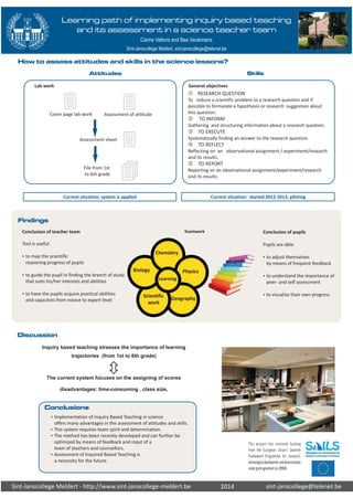 Learning path of implementing inquiry based teaching 
and its assessment in a science teacher team 
Carine Vallons and Bea Veulemans 
Sint-Janscollege Meldert, sint-janscollege@telenet.be 
How to assess attitudes and skills in the science lessons? 
General objectives 
 RESEARCH QUESTION 
To reduce a scientific problem to a research question and if 
possible to formulate a hypothesis or research suggestion about 
this question. 
‚ TO INFORM 
Gathering and structuring information about a research question. 
ƒ TO EXECUTE 
Systematically finding an answer to the research question. 
„ TO REFLECT 
Reflecting on an observational assignment / experiment/research 
and its results. 
… TO REPORT 
Reporting on an observational assignment/experiment/research 
and its results. 
6th grade 
2014 
This project has received funding 
from the European Union’s Seventh 
Framework Programme for research, 
technological development and demonstration 
under grant agreement no 289085 
Lab work 
Findings 
Attitudes 
Cover page lab work Assessment of attitude 
Assessment sheet 
File from 1st 
to 6th grade 
Current situation: system is applied 
Chemistry 
Biology 
Learning 
Scientific 
work 
Physics 
Geography 
Inquiry based teaching stresses the importance of learning 
trajectories (from 1st to 6th grade) 
Conclusions 
ô 
The current system focuses on the assigning of scores 
disadvantages: time-consuming , class size, 
Ÿ 
Ÿ 
Sint-Janscollege Meldert - http://www.sint-janscollege-meldert.be 
Skills 
Current situation: started 2012-2013, piloting 
Conclusion of teacher team 
Tool is useful: 
to map the scientific 
reasoning progress of pupils 
to guide the pupil in finding the branch of study 
that suits his/her interests and abilities 
to have the pupils acquire practical abilities 
and capacities from novice to expert level 
Ÿ 
Conclusion of pupils 
Pupils are able: 
Ÿto adjust themselves 
by means of frequent feedback 
Ÿto understand the importance of 
peer- and self assessment 
Ÿto visualize their own progress 
Discussion 
Teamwork 
ŸImplementation of Inquiry Based Teaching in science 
offers many advantages in the assessment of attitudes and skills. 
ŸThis system requires team spirit and determination. 
ŸThe method has been recently developed and can further be 
optimized by means of feedback and input of a 
team of teachers and counsellors. 
ŸAssessment of Inquired Based Teaching is 
a necessity for the future. 
sint-janscollege@telenet.be 
1st grade 

