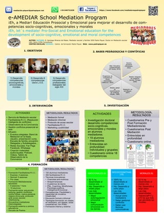 e-AMEDIAR School Mediation Program
¡Eh, a Mediar! Educación Prosocial y Emocional para mejorar el desarrollo de com-
petencias socio-cognitivas, emocionales y morales
¡Eh, let´s mediate! Pro-Social and Emotional education for the
development of socio-cognitive, emotional and moral competences
1. OBJETIVOS
AUTOR/ AUTHOR: D. Santiago Miranzo de Mateo. Mediador escolar y familiar SIFA Padre Piquer. Doctor en Mediación escolar
UAH. Socio CYMA Consultores.
CENTRO ESCOLAR/ SCHOOL: Centro de formación Padre Piquer. Web: www.padrepiquer.es
3. INTERVENCIÓN
2. BASES PEDÁGOGICAS Y CIENTÍFICAS
5. INVESTIGACIÓN
mediación.piquer@padrepiquer.net +34 646731630 https://www.facebook.com/mediadorespadrepiquer
4. FORMACIÓN
 