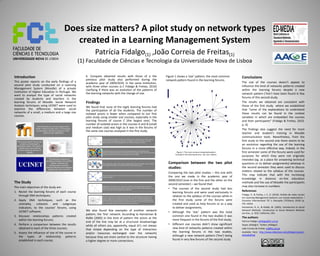 Does size matters? A pilot study on network types
                                                                created in a Learning Management System
                                                                                     Patrícia Fidalgo(1) ,João Correia de Freitas(1)
                                                                           (1) Faculdade de Ciências e Tecnologia da Universidade Nova de Lisboa

Introduction                                                                  6. Compare obtained results with those of a the                                                          Figure 1 shows a ‘star’ pattern, the most common             Conclusions
                                                                              previous pilot study also performed during the                                                           network pattern found in the learning forums.
This poster reports on the early findings of a                                academic year of 2009/2010, in the same Institution,                                                                                                                  The size of the courses doesn’t appear to
second pilot study conducted on a Learning                                    with three other courses (c.f. Fidalgo & Freitas, 2010)                                                                                                               influence the kind of networks patterns created
Management System (Moodle) of a private                                       clarifying if there was an evolution of the patterns of                                                                                                               within the learning forums despite a new
Institution of Higher Education in Portugal. We                               the learning networks with the change of size.                                                                                                                        network pattern (‘line’) have been found in few
want to analyze the type of social networks
created by students and teachers in the                                                                                                                                                                                                             forums of this second study.
learning forums of Moodle. Social Network                                     Findings                                                                                                                                                              The results we obtained are consistent with
Analysis techniques using UCINET were used to                                 We found that none of the eight learning forums had                                                                                                                   those of the first study where we established
examine the differences between social                                        the participation of all the students. The number of                                                                                                                  that “some of the explanations to understand
networks of a small, a medium and a large size                                isolated actors is fewer when compared to our first                                                                                                                   these results can be found in the context
courses.                                                                      pilot study using smaller size courses, especially in the                                                                                                             variables in which are embedded the courses
                                                                              learning forums of course C (the largest one). The                                                                                                                    and their participants” (Fidalgo & Freitas, 2010,
                                                                              number of isolated actors in the courses A and B (small                                                                                                               p. 4).
                           2nd Pilot Study to 3 courses taught online
                                                                              and medium size) was high as it was in the forums of
                         (small, medium & large size) in a Portuguese                                                                                                                                                                               The findings also suggest the need for more
                          private Higher Education Institution in the         the same size courses analyzed in the first study.
                                   academic year 2009/2010                                                                                                                                                                                          teacher and student’s training in Moodle
                                                                                                                                                                                                                                                    communication tools. Nevertheless, from the
                                                                                           Students who participated in the forums interacted very little with each other leading
  The courses had 15, 36 and 320
                                                                                           to the creation few subgroups (cliques). The largest course had cliques in its three
                                                                                           forums and was the only, among all forums, who had a clique of 3 actors
                                                                                                                                                                                                                                                    first study to the second one there seems to be
     students and belonged to
  graduated studies. The object of
                                                                                                                                                                                                                                                    an evolution regarding the use of the learning
    analysis were the 8 learning                                                                                                                                                                                                                    forums in a more effective way. Indeed, in the
   forums created by teachers in                                                           As regards to density, values were low and ranged between 0 and 0,682 (value
              Moodle                                                                       measured in density strength of the first forum of the largest course). The medium seize            Figure 1: The most common networked pattern          first semester some of the forums were used for
                                                                                           course exhibited the lower values of density talk and strength                                     founded in the learning forums , the ‘star’ pattern
                                                                                                                                                                                                                                                    purposes for which they were not originally
                                         The following measures of
                                      centrality analyzed in the UCINET:
                                                                                                                                                                                                                                                    intended (eg. as a place for answering technical
                                            degree, closeness and                          The centralization index of the forums ranged between 0% and 24,59%, with the higher         Comparison between the two pilot                            questions or to deliver assignments) whereas in
                                          betweenness (Freeman).                           percentages, once again, in one of the forums of the largest course
                                      Cohesion (density) and subgroups
                                        (cliques) was also measured
                                                                                                                                                                                        studies:                                                    the second semester they were used to discuss
                                                                                                                                                                                                                                                    matters related to the syllabus of the courses.
                                                                                                                                                                                        Comparing the two pilot studies – this one with
                                                                                           The betweenness mean in the learning forums was low and ranged from 0% to 4,76                                                                           This may indicate that with the increasing
                                                                                           (smallest course)                                                                            the one we made in the academic year of
                                                                                                                                                                                                                                                    knowledge in distance on-line education
                                                                                                                                                                                        2009/2010 (one in the first and the other on the
The Study                                                                                                                                                                               second semester) – we found that:
                                                                                                                                                                                                                                                    methods and the use of Moodle the participants
The main objectives of the study are:                                                      Regarding the closeness mean values, the smallest course had the higher values of                                                                        may also increase in numbers.
                                                                                           inCloseness and outCloseness while the higher values of inFarness and outFarness were
                                                                                           found in the forums of the largest course forums.
                                                                                                                                                                                        • The courses of the second study had less
1. Revisit the learning forums of each course                                                                                                                                                                                                       References
                                                                                                                                                                                           learning forums and were used exclusively in
   through SNA techniques;                                                                                                                                                                                                                          Fidalgo, P., & Freitas, J. C. D. (2010). Análise de redes sociais
                                                                                           The most common networked pattern founded in the learning forums was the ‘star’                 relation to the syllabus of the courses while in         em Learning Management Systems: um estudo exploratório. I
                                                                                           pattern , regardless the number of network participants. In this type of pattern and
2. Apply SNA techniques, such as the                                                       according to Hanneman & Ridlle (2005) the actor who occupies the central position in
                                                                                           the ‘star’ has more opportunities and options than others. Its structural position allows
                                                                                                                                                                                           the first study some of the forums were                  Encontro Internacional TIC e Educação (TICEduca 2010) (p.
   centrality,   cohesion     and     subgroups                                            him, for example, greater exchange and sharing of resources.
                                                                                                                                                                                           created and used as help forums or as a way              53). Lisboa.
   indicators, to the courses’ forums, using                                                                                                                                               to deliver assignments;                                  Hanneman, R. A., & Riddle, M. (2005). Introduction to Social
   UCINET software;                                                           We also found few examples of another network                                                                                                                         Network Methods. Introduction to Social Network Methods
                                                                                                                                                                                        • Although the ‘star’ pattern was the most                  (on-line., p. 322). California, USA.
                                                                              pattern, the ‘line’ network. According to Hanneman &
3. Discover relationships patterns created                                                                                                                                                 common one found in the two studies it was               The authors:
                                                                              Ridlle (2005) in this kind of pattern the actors at the
   within the learning forums;                                                                                                                                                             more frequent in the forums of the first study;          Patrícia Fidalgo: pfidalgo@fct.unl.pt
                                                                              end of the line may be at a structural disadvantage
4. Perform a comparison between the results                                   while all others are, apparently, equal (it’s not always                                                  • Different size courses didn’t show significant            Skype: pfidalgo1 Twitter: pfidalgo1
   obtained in each of the three courses;                                     that simple depending on the type of interaction                                                             new kind of networks patterns created within             João Correia de Freitas: jcf@fct.unl.pt
5. Assess the influence of size of the course in                              and/or resources exchanged over the network)                                                                 the learning forums in the two studies,                  Available here: http://www.slideshare.net/pfidalgo1/poster-
                                                                                                                                                                                           although a new network pattern (‘line’) being            edmediafinal
   the types of relationship patterns                                         because they are more central to the structure having
   established in each course;                                                a higher degree or more connections.                                                                         found in very few forums of the second study.
 