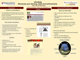 Elza Cruz and Wei Wang School of Education, Virginia Tech. Blacksburg, VA ePortfolio Showcase your learning, skills and achievements   Samples How can the ET Lab help you? Introduction 