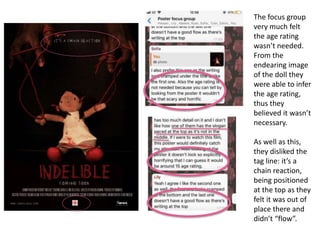 The focus group
very much felt
the age rating
wasn’t needed.
From the
endearing image
of the doll they
were able to infer
the age rating,
thus they
believed it wasn’t
necessary.
As well as this,
they disliked the
tag line: it’s a
chain reaction,
being positioned
at the top as they
felt it was out of
place there and
didn’t “flow”.