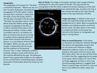 Typography:	
                                                                    Rule	
  of	
  Thirds:	
  The	
  image	
  on	
  the	
  poster	
  has	
  been	
  near	
  enough	
  centered,	
  
The	
  typography	
  of	
  the	
  poster	
  for	
  “The	
  Ring”	
   Showing	
  that	
  it’s	
  the	
  main	
  aspect	
  of	
  the	
  ﬁlm.	
  The	
  ring	
  conveys	
  the	
  	
  
is	
  extremely	
  important.	
  	
  “Before	
  you	
  die,	
  you	
   Iconography	
  of	
  the	
  ﬁlm	
  which	
  is	
  about	
  the	
  female	
  crawling	
  out	
  of	
  the	
  well	
  	
  
See”	
  has	
  been	
  duplicated,	
  conveying	
  the	
                         And	
  haun=ng	
  the	
  people	
  that	
  have	
  watched	
  the	
  tape.	
  As	
  well	
  as	
  the	
  ring,	
  it	
  
Iconography	
  of	
  the	
  ﬁlm	
  which	
  is	
  about	
                        	
  	
  	
  	
  	
  	
  	
  	
  	
  	
  	
  	
  	
  	
  	
  	
  	
  	
  	
  	
  	
  	
  	
  	
  	
  	
  	
  	
  	
  	
  	
  	
  	
  	
  	
  	
  	
  	
  	
  	
  	
  	
  	
  	
  	
  	
  	
  	
  	
  	
  	
  	
  	
  	
  also	
  conveys	
  the	
  tape	
  as	
  the	
  ring	
  is	
  blurred	
  	
  
The	
  tape	
  that	
  is	
  watched,	
  it	
  shows	
  that	
                   	
  	
  	
  	
  	
  	
  	
  	
  	
  	
  	
  	
  	
  	
  	
  	
  	
  	
  	
  	
  	
  	
  	
  	
  	
  	
  	
  	
  	
  	
  	
  	
  	
  	
  	
  	
  	
  	
  	
  	
  	
  	
  	
  	
  	
  	
  	
  	
  	
  	
  	
  	
  	
  	
  similar	
  to	
  the	
  tape	
  watched	
  in	
  the	
  ﬁlm.	
  	
  	
  
The	
  tape	
  is	
  fuzzy	
  and	
  jumpy,	
  which	
  is	
  	
  
The	
  has	
  been	
  conveyed	
  in	
  the	
  font	
  style.	
                                                                                                                                                                                                                                           Image	
  and	
  colour:	
  in	
  rela=on	
  to	
  the	
  rule	
  of	
  
“The	
  Ring”	
  has	
  also	
  been	
  used	
  in	
  a	
  font	
                                                                                                                                                                                                                                         	
  thirds,	
  the	
  ring	
  ﬁrmly	
  stands	
  out	
  from	
  the	
  	
  
Which	
  looks	
  like	
  childish	
  wri=ng,	
  again	
                                                                                                                                                                                                                                                  Background	
  as	
  it	
  is	
  black.	
  Black	
  conveying	
  the	
  
Using	
  the	
  iconography	
  of	
  the	
  ﬁlm	
  as	
  	
                                                                                                                                                                                                                                               Darkness	
  and	
  chilling	
  sensa=on	
  carried	
  out	
  	
  
A	
  child	
  is	
  involved	
  and	
  he	
  does	
  a	
  lot	
  of	
  	
                                                                                                                                                                                                                                 By	
  the	
  movie.	
  The	
  tape	
  shown	
  in	
  the	
  movie	
  
Drawing	
  and	
  wri=ng,	
  it	
  shows	
  a	
  large	
                                                                                                                                                                                                                                                  Is	
  in	
  black	
  and	
  white,	
  so	
  the	
  poster	
  has	
  	
  
Correla=on	
  and	
  =e	
  in.	
  As	
  children	
  are	
                                                                                                                                                                                                                                                 Carried	
  on	
  this	
  feature	
  as	
  iconography	
  and	
  
Seen	
  as	
  innocent	
  and	
  can	
  do	
  no	
  wrong	
  	
                                                                                                                                                                                                                                           Kept	
  a	
  running	
  theme.	
  	
  
It	
  created	
  a	
  binary	
  opposite	
  within	
  the	
  
Poster	
  which	
  connects	
  with	
  theorist	
  	
  
                                                                                                                                                                                                                                                                                                          Mise-­‐en-­‐scene/Character:	
  In	
  the	
  poster	
  	
  
Strauss.	
  It	
  is	
  a	
  key	
  feature	
  of	
  horror	
  ﬁlms.	
  
                                                                                                                                                                                                                                                                                                          no	
  characters	
  are	
  featured.	
  However	
  through	
  
The	
  tagline	
  “Before	
  you	
  die,	
  you	
  see”	
  	
  
                                                                                                                                                                                                                                                                                                          The	
  colours	
  and	
  typography	
  we	
  get	
  a	
  feel	
  	
  
Creates	
  a	
  rela=onship	
  with	
  the	
  movie	
  
                                                                                                                                                                                                                                                                                                          For	
  the	
  movie	
  and	
  it	
  aRaches	
  a	
  s=gma,	
  	
  
And	
  the	
  audience	
  as	
  the	
  personal	
  	
  
                                                                                                                                                                                                                                                                                                          Making	
  the	
  audience	
  curious	
  as	
  to	
  what	
  is	
  	
  
Pronoun	
  “You”	
  is	
  used,	
  making	
  the	
  audience	
  
                                                                                                                                                                                                                                                                                                          Going	
  on,	
  they	
  want	
  to	
  ﬁnd	
  out	
  more,	
  who,	
  
Involved,	
  making	
  us	
  a	
  part	
  of	
  the	
  horror,	
  as	
  if	
  	
  
                                                                                                                                                                                                                                                                                                          Why,	
  what,	
  when.	
  We	
  can	
  also	
  tell	
  that	
  there	
  
We	
  could	
  be	
  aﬀected	
  by	
  the	
  tape.	
  The	
  billing	
  box	
  
                                                                                                                                                                                                                                                                                                          Is	
  a	
  child	
  in	
  the	
  ﬁlm,	
  sugges=ng	
  that	
  he	
  needs	
  
Doesn’t	
  have	
  a	
  great	
  deal	
  of	
  aﬀect	
  on	
  the	
  audience	
  	
  
                                                                                                                                                                                                                                                                                                          To	
  be	
  saved,	
  which	
  is	
  typical	
  of	
  a	
  horror	
  ﬁlm	
  
As	
  it	
  is	
  so	
  small	
  and	
  in	
  a	
  toned	
  down	
  grey,	
  just	
  gives	
  	
  
                                                                                                                                                                                                                                                                                                          As	
  Propp	
  suggested.	
  As	
  there	
  is	
  only	
  a	
  ring	
  	
  
Small	
  parts	
  of	
  informa=on	
  about	
  the	
  movie	
  e.g.	
  the	
  	
  
                                                                                                                                                                                                                                                                                                          Centred	
  amongst	
  darkness,	
  it	
  suggests	
  that	
  	
  
Director.	
  	
  
                                                                                                                                                                                                                                                                                                          There	
  is	
  a	
  lack	
  of	
  hope,	
  but	
  there	
  is	
  a	
  way	
  out,
                                                                                                                                                                                                                                                                                                          But	
  it	
  is	
  very	
  diﬃcult	
  to	
  obtain	
  safety	
  and	
  	
  
                                                                                                                                                                                                                                                                                                          Peace.	
  
 