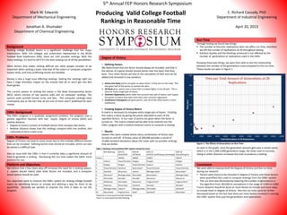 Background
Ranking college football teams is a significant challenge that has major
implications. With 124 colleges and universities represented in the NCAA
Football Bowl Subdivision (FBS), there are 124! possible rankings. With this
many rankings, it’s hard to tell if it’s the best ranking out of all the possibilities.
Other factors that makes ranking difficult are: what people consider to be
important when ranking a team, how bias of the voters or computer programs
impact ranks, and how conflicting results are handled.
Money is also a huge issue affecting rankings. Getting the rankings right can
have a huge monetary impact on the schools that do or don’t get into BCS
bowl games.
The current system of ranking the teams is the Bowl Championship Series
(BCS), which consists of two opinion polls and six computer rankings. The
opinion polls provide human error and bias. The computer rankings have
controversy due to the fact that all but one of them aren’t published for peer
review.
CMS+ Background
The CMS+ program is a quadratic assignment problem, the program uses a
genetic algorithm heuristic with two inputs: degree of victory (DOV) and
relative distance.
• Degree of victory consists of multiple factors that compare two teams.
• Relative distance shows how the rankings compare with one another, and
culminate to form a bell curve.
Producing Valid College Football
Rankings in Reasonable Time
Mark W. Edwards
Department of Mechanical Engineering
Jonathan A. Shumaker
Department of Chemical Engineering
5th Annual FEP Honors Research Symposium
C. Richard Cassady, PhD
Department of Industrial Engineering
April 20, 2013
CMS+ Problems
Degree of Victory can lead to some issues due to the multiple different factors
that can be included. Defining factors that should be included, which can also
be varied is a difficult task.
Also an issue with the CMS+ is that it currently takes a significant amount of
time to generate a ranking. Decreasing the run time makes the CMS+ more
practical for use.
Platform and Objectives
We believe that a four-team play-off increases the need for a ranking system,
a system should clearly state what factors are included, and a computer
based system should be used.
Our objectives were to improve the CMS+ system for ranking college football
teams by identifying factors to include and defining a way for them to be
quantified. Secondly we worked to improve the time it takes to run the
program.
Degree of Victory
• Defining Factors
We determined that one factor should always be included, and that is
the winner of a game should receive points over the team that they
beat. Four other factors are also in the calculation of DOV and can be
added and removed in any variation:
Home and Away points are given to away teams if they win on the road. This
also gives half of the points to neutral site wins.
AP Rank gives points over a team that is ranked higher in the AP poll. This is
done for every single pair of teams.
Common Opponents points takes into account ever pair of teams, and it gives
the points to teams that have more wins over common opponents.
Conference Champions are given points over all of the other teams in their
conference.
• Creating Degree of Victory Matrix
A matrix is necessary to compare every single pair of teams. Creating
this matrix is done by giving the points allocated to each of the
specified factors. In our case 15 points are given when the factor is
turned on. The matrix created will be able to be entered into the
CMS+ program with a relative distance matrix to compute a ranking.
• Results
Sixteen files were created where every combination of factors was
turned on and off. A fitness value of 200,000 provides a result of
10,000 standard deviations above the mean with no possible rankings
that are better.
Run Time
Through testing we found two things:
The number of heuristic replications does not affect run time, therefore
we left the number of replications at 20 throughout testing
Solution Quality and the Rankings produced is not affected by the
number of generations or replications used in the CMS+
Knowing these two things, we were then able to test the relationship
between the number of GA generations used compared to the run time.
These results are seen in Figure 1.
TABLE OF RUN TIME RES
Table 1: Ranking's GeneratedbyCMS+ System UsingTest Cases
BCS Rankings DOV 01
(OnlyH2H)
DOV 05
(APRank)
DOV 12
(H/A/N, ConfChamp, CommOpp)
DOV 16
(Everythingon)
Fitness 244343 246025 216012 196313
1 Auburn TexasChristian Oregon Oregon Oregon
2 Oregon Oregon TexasChristian Auburn Auburn
3 TexasChristian Stanford Boise State^ TexasChristian TexasChristian
4 Stanford Wisconsin Auburn MichiganState^ Boise State^
5 Wisconsin MichiganState OhioState Boise State^ MichiganState
6 OhioState Nevada^ Nevada^ Wisconsin Wisconsin
7 Oklahoma OhioState Wisconsin VirginiaTech^ VirginiaTech^
8 Arkansas Boise State Stanford Nevada^ Nevada^
9 MichiganState Auburn* MichiganState OhioState Stanford*
10 Boise State VirginiaTech Utah^ Stanford* OhioState
^Gained5 or more spotsfromBCS Ranking
*Lost 5 or more spotsfrom BCSRanking
As seen in the graph, once the generation amount gets past a certain point,
which is in the 3,500-4,000 generation range, the times start to increase.
Going in either direction increases the time to produce a ranking.
Conclusion
We were able to improve both the Degree of Victory and the run time
during our research.
• Factors were found to be included in Degree of Victory and these factors
were quantified then used to compute rankings from the CMS+ system.
• The run time was decreased by lowering the number of generations in
the algorithm from 100,000 to somewhere in the range of 3,500 to 4,000.
Future research should be done on more factors to include and more ways
to include them in Degree of Victory. Also the run time could be further
decreased based on the fact that there are more factors involved in running
the CMS+ system than just the generations and replications.
Figure 1: The Effects of Generations on Run Time