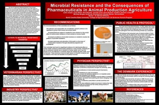 ABSTRACT
                    The use of veterinary pharmaceuticals in food animal
                                                                                                                  Microbial Resistance and the Consequences of
              production is a controversial and ongoing issue with regard to
              human and animal health. Antibiotics, also known as antimicrobial
              drugs, are used in food animal production for disease prevention,
              therapeutics, overall health, and growth promotion. Bacterial
                                                                                                                 Pharmaceuticals in Animal Production Agriculture
                                                                                                                                             Jodie Joseph, Lacey White, Sara Reichelt, Jennifer Cook, Alicia Braxton, AlyWorf, Danielle Lindquist,
              resistance to antimicrobial drugs is an evolutionary mechanism
              that has been observed prior to the implementation of antimicrobial
                                                                                                                                                           Michelle Borges, KiraPruitt, ShinHaeYoon, Brooke Reimer, HernantDesai
              use in animal agriculture. It has been argued that the use of                                                                                                     Mentor : Dr. Michael Williams
              antibiotics has expedited this innate characteristic. Overuse of                                                                    North Carolina State University College of Agriculture and Life Sciences Honors Program
              antimicrobial drugs in human and animal therapies has been shown
              to lead to increased resistance and decreased effectiveness. The
              purpose of this research committee is to consider the perspectives
              of the livestock industry, public health organizations, veterinarians,                                         RECOMMENDATIONS                                                                                         PUBLIC HEALTH &                                                 PROTOCOL1
              and physicians and subsequently recommend actions that should
              be taken to determine the proper use of veterinary pharmaceuticals
              in animal production agriculture. After consulting with various
                                                                                                           The recommendations of this committee are as follows:                                                                          The Food and Drug Administration, or FDA, states that using
              experts in these disciplines and reviewing the peer reviewed                                                                                                                                                         antimicrobials in food producing animals is decided from two main
              scientific literature, the committee’s consensus is that the judicious                           The judicious and responsible use of antibiotics should continue to be                                              reasons: How important this drug/drug class is to human health
              use of antimicrobial drugs in animal agricultural should continue to                             regulated to protect both human and animal health.                                                                  and if the pathogens from food producing animals are a potential
              be regulated, but more extensive research should be conducted                                                                                                                                                        threat.
              and increased surveillance should be implemented before an                                          Increased financial support is needed for more research on the actual
                                                                                                                                                                                                                                           FDA believes that proposed uses of antimicrobials in food-
              absolute regulatory policy can be decided.                                                       effect of antimicrobial resistance in food animals on human health.
                                                                                                                                                                                                                                   producing animals can be placed into one of three main categories
                                                                                                                                                                                                                                   based on the importance of the drug or drug class in human
                                                                                                                  Increased surveillance of microbial resistance is needed to monitor the                                          medicine. these categories would aid the agency in evaluating the
                           8 STEPS TO MICROBIAL RESISTANCE                                                     patterns of microbial resistance.                                                                                   potential microbial human health impact of the use of the
                                      TRANSFER                                                                                                                                                                                     antimicrobial drug in food-producing animals and determine the
                                                                                                                  Increase awareness and education of the public on the issue of                                                   long term effects on human and animal health.
                                 Development of resistant animal bacterial strain
                                                                                                                  antimicrobial resistance through educational programs and                                                           • Category I Drugs human exposure to resistant bacteria from
                                                                                                               propaganda.                                                                                                            animals must be avoided or extensively minimized
                                                                                                                                                                                                                                      • Category II Drugs level of increased resistance in humans due
                                   Survival through food processing/handling                               This committee has found no significant evidence of a detrimental affect on                                                to use of the drug in food-producing animals could safely occur
                                                                                                           human health caused by antimicrobial resistance in food animals. Stopping the                                              • Category III Drugs: resistance transfer from animals to humans
                                                                                    Hurdles for Transfer
    Hurdles for Transfer




                                                                                                           use of antibiotics entirely has no benefit for human health, and it has not                                                would have no effect on the availability of effective antimicrobial
                                       Survival through food preparation
                                                                                                           proven to be cost effective in countries where the change has been made, such                                              drugs to treat human diseases.
                                                                                                           as Denmark. These decisions must be made based on scientific evidence and
                                                                                                           an analysis of the risks and benefits to all parties involved.
                                          Resistance transfer to human




                                             Colonization in human
                                                                                                                                                                    PHYSICIAN               PERSPECTIVE5

                                                     Disease
                                                                                                                                                             Many physicians believe that most of the problems associated with
                                                                                                                                                             antibiotic resistance in humans arise from human errors.
                                                  Unsuccessful                                                                                               Interviews conducted of physicians brought the following ideas:
                                                   Treatment

                                                                                                                                                             •The use of antibiotics in food animals prevent food-borne
                                                                    4                                                                                        illnesses.
                                                                                                                                                                                                                                        THE DENMARK                                          EXPERIENCE1
  VETERINARIAN                                           PERSPECTIVE                                                                                         •Bacterial resistance is a part of evolution.
                                                                                                                                                             •The main concern for bacterial resistance is in hospitals where
                                                                                                                                                             multiple-drug resistance can develop.                                 •In 1998, the Danish government issued a voluntary ban on the use
        A majority of veterinarians in the industry are in support                                                                                                                                                                 of antibiotic growth promotants (AGPs) during the finishing stage of
 of the use of antibiotics in the food animal industry. There have                                                                                           •Measures to prevent further resistance must be taken in hospitals:
                                                                                                              Food borne campylobacter continues             more isolation, increased hand washing and dress changing, shoe       pork production.
 been no confirmed cases of human resistance due to the use of
                                                                                                              to show resistance to antibiotics              covers, gloves, etc.                                                  •The use of AGPs was banned for all swine in 2000. Known as the
 these antibiotics. Veterinarians make it clear that they do not
 use extravagant amounts of antibiotics in the use of treatment                                               considered critical to Human                   •A decrease in antibiotics prescribed in private practices and        Danish Experience, the cons of this ban have proven to outweigh
 for a whole herd or flock when only one animal has been                                                      Medicine. This growth clearly shows            urgent cares                                                          the benefits as there have been numerous animal health and well-
 affected. Prevention is the main goal of all veterinary medicine                                             that antibiotic resistance continued to        •Research for new antibiotics needs to be done to reduce the risks    being consequences.
 in the food animal industry.                                                                                                                                associated with the existing and the newly arising strains of         •As of now, there is no evidence that a ban such as this would
                                                                                                              grow even after the ban on                     antibiotic resistant bacteria.                                        protect public health or combat antimicrobial resistance.
                                                                                                              antimicrobial resistance was set into
                                                                                                              law in Denmark.
                           INDUSTRY             PERSPECTIVE3                                                                                                                                                                                                      REFERENCES
Industry advocates limited and responsible use of antibiotics, “only                                                                                                                                                               1. FDA Framework Document
                                                                                                                                                                                                                                   http://scrapetv.com/News/News%20Pages/Everyone%20Else/images/baby-pig.jpg
for treating sick and preventing the onset of sickness with proper                                                                                                                                                                 http://patervis.com/poultry.jpg
diagnostic confirmation.” Strictly comply to all FDA regulations and                                                                                                                                                               http://www.dennisflood.com/photos/2003/1000/dairy_cows.jpg
                                                                                                                                                                                                                                   2.” Murphy Brown’s Commitment to Responsible Use of Antibiotics”
adhere to USDA withdrawal times. To ensure proper health, rely on                                                                                                                                                                  http://smithfieldfoods.com/responsibility/smithfield-antibiotic-policy.aspx
                                                                                                                                                                                                                                   3. Smithfield Corporate Social Responsibility Report 2009-2010, pages 54-55.
“enhanced management practices” rather than heavy antibiotic use.                                                                                                                                                                  4. Dr. Eric Gonder, DVM, PhD, Veterinarian with Butterball, LLC
                                                                                                                                                                                                                                   5. Dr. Christopher A. Ohl, M.D., Associate Professor, Infectious Diseases
Smithfield Farms, the number one swine producer in the nation,                                                                                                                                                                     6. Dr. Jennifer Koeman DVM, M.S. Public Health, director of producer and public health, National Pork Board
does not use antibiotics for growth promotion.                                                                                                                                                                                     7. Dr. Peter Robert Davies, BVS, PhD, MBA, Professor, Swine Health and Production
                                                                                                                                                                                                                                   8. Dr. Glen Almond, PhD, DVM, professor of Pig Health and Production
                                                                                                                                                                                                                                   9. Dr. Andy McRee, DVM, Diplomate of the American College of Poultry Veterinarians
 