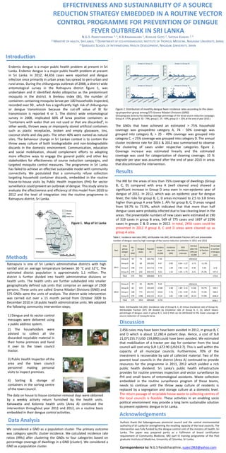 EFFECTIVENESS AND SUSTAINABILITY OF A SOURCE
REDUCTION STRATEGY EMBEDDED IN A ROUTINE VECTOR
CONTROL PROGRAMME FOR PREVENTION OF DENGUE
FEVER OUTBREAK IN SRI LANKA
N.G.S. PANDITHARATHNE 1, 2, K.B.KANNANGARA 1, KENSUKE GOTO 2, SATOSHI KANEKO 2, 3
1）MINISTRY OF HEALTH, SRI LANKA; 2）DEPARTMENT OF ECO-EPIDEMIOLOGY, INSTITUTE OF TROPICAL MEDICINE, NAGASAKI UNIVERSITY, JAPAN;
3）GRADUATE SCHOOL OF INTERNATIONAL HEALTH DEVELOPMENT, NAGASAKI UNIVERSITY, JAPAN

Introduction
Areas in Group A

Figure 1. Map of Sri Lanka

Incidence per 10,000
50 100 150
0

Incidence per 10,000
50 100 150
0
ja
01

n2

01

1
01

jul2

01

1
01

jan

20

12
01

jul2

01

2

01

jan

20

13

01

jul2

01

0
01

jan

20

11

01

Areas in Group C

ju
01

jul2

01

1

01

jan

20

12
01

jul2

01

2
01

jan

20

13

Incidence per 10,000
50 100 150
0

Areas in Group D

Incidence per 10,000
50 100 150
0

Endemic dengue is a major public health problem at present in Sri
Lanka. Endemic dengue is a major public health problem at present
in Sri Lanka. In 2012, 44,456 cases were reported and dengue
infection once primarily in urban areas has spread to peri-urban and
rural areas. During the chikungunya outbreak of 2008, a district wide
entomological survey in the Ratnapura district figure 1, was
undertaken and it identified Aedes albopictus as the predominant
mosquito in the district. A Breteau index (BI), the number of
containers containing mosquito larvae per 100 households inspected,
recorded over 90 , which has a significantly high risk of chikungunya
or dengue transmission because the cut-off value of BI for
transmission is reported 4 or 5. The district wide entomological
survey in 2008, implicated 60% of larva positive containers as
“containers with water that are not used or that are discarded”, in
other words, thrown away or improperly stored artificial containers
such as plastic receptacles, broken and empty glassware, tins,
coconut shells and clay pots. The other 40% were named as natural
sites. The behaviour change in Sri Lankan context is to contain the
throw away culture of both biodegradable and non-biodegradable
discards in the domestic environment. Communication, education
and social mobilization, should complement efforts to adopting
more effective ways to engage the general public and other key
stakeholders for effectiveness of source reduction campaigns, and
targeted mosquito control measures. The programme in Sri Lanka
has failed to achieve an effective sustainable model with community
connectivity. We postulated that a community refuse collection
targeting household container discards, embedded in the routine
house-to-house visits by Public Health Inspectors (PHI) for vector
surveillance could prevent an outbreak of dengue. This study aims to
evaluate the effectiveness and efficiency of this model from 2010 to
2012 and the level of integration into the routine programme in
Ratnapura district, Sri Lanka.

Areas in Group B

l20

10
0

n
1ja

20

11
ju
01

l20

11

0

n
1ja

20

12
ju
01

l20

12

0

n
1ja

20

13
ja
01

n2

01

0

ja
01

n2

01

1
ja
01

n2

01

2
ja
01

n2

01

3

Figure 2. Distribution of monthly dengue fever incidence rates according to the cleanup proportion group among 575 Grama Niladari Divisions (GND)
(Grouping was done by the dwelling coverage percentage of the larval source reduction campaign;
Group A: >75%; group B: 50 - 74%; group C: 25 - 49%; group D: < 25% at the end of year 2010.)

The GNDs that have achieved an estimated > 75% household
coverage was groupednto category A, 74 - 50% coverage was
grouped into category B, > 25 - 49% coverage was grouped into
category C, < 25% coverage was grouped into category D. The annual
cluster incidence rate for 2011 & 2012 was summarised to observe
the clustering of cases under respective categories figure 2.
Coverage increase was estimated linearly and the estimated
coverage was used for categorization of cleaning coverage; 10 %
degrade per year was assumed after the end of year 2010 in areas
that discontinued the intervention.

Results
The IRR for the areas of less than 75% coverage of dwellings (Group
B, C, D) compared with area A (well cleaned area) showed a
significant increase in Group D area even in non-epidemic year of
dengue of 2011. In 2012, which was an epidemic year for dengue
fever, the risks for group B, C, D areas increased to 2.5 to 3.8 times
higher than group A area Table 1. AFs for group B, C, D areas ranged
from 59.7% to 73.9%, which indicated that that more than half
dengue cases were probably infected due to low cleaning level in the
areas. The preventable numbers of new cases were estimated at 190
of 319 cases in group B area, 569 of 775 cases and 1697 of 2296
cases in groups C & D areas in 2012. In total, 2456 cases could be
prevented in 2012 if group B, C and D areas were cleaned up as
group A area.
Table 1. Incidence rate ratio (IRR), attributable risk (AR), attributable fraction (AF) and preventable
number of dengue cases by high coverage of the source reduction activities in 2011 and 2012

Ratnapura is one of Sri Lanka’s administrative districts with high
rainfall and an average temperature between 30 C and 32C. The
estimated district population is approximately 1.1 million. The
district is further divided into health administrative divisions or
health units. The health units are further subdivided into smaller
geographically defined sub units that comprise an average of 2500
persons. These units are called Grama Niladari Divisions (GND) and
575 GNDs were the units of analysis. The district wide intervention
was carried out over a 15 month period from October 2009 to
December 2010 in 18 public health administrative units. We adopted
the following community intervention steps;
1) Dengue and its vector control
messages were delivered using
a public address system.
2) The householders were
advised to collect all the
discarded recyclable material in
their home premises and hand
it over to the town council
tractor.
3) Public Health Inspector of the
area and the town council
personnel making personal
visits to inspect premises.
4) Sorting & storage of
containers in the sorting centre
of the town council.
The data on house to house container removal days were obtained
by a weekly activity return furnished by the health units.
Kahawatta and Kolonna health units (Area A) continued the
intervention throughout year 2011 and 2012, on a routine basis
embedded in their dengue control activities.

Data Analysis
We considered a GND as a population cluster. The primary outcome
was category specific cluster incidence. We calculated incidence rate
ratios (IRRs) after clustering the GNDs to four categories based on
percentage coverage of dwellings in a GND (cluster). We considered a
GND as a population cluster.

59

74

102,750

7.20

38

68

105,050

6.47

0.90

0.64 - 1.27

Group C

108

174

223,712

7.78

1.08

370

626

650,152

9.63

1.34

Total

575

942

1081664

8.71

Group A

37

63

68,355

9.22

Group B
2012

Populati
on

Group D

2011

Dengue
cases

Incidenc
e per
10,000

Group B

Methods

No.
of
GND

Group A

Year

Area
group
categor
y

60

319

139,445

22.88

2.48

1.89 - 3.31

13.66

59.7%

190.5

Group C

108

775

223,712

34.64

3.76

2.91 - 4.94

25.43

73.4%

568.8

Group D

370

2296

650,152

35.31

3.83

2.98 - 5.00

26.10

73.9%

1696.8

Total

575

3453

1081664

31.92

Incidence
rate ratio
(IRR)

Attributab
le fraction
(AF)

Preventabl
e number
of dengue
cases

-0.73

-11.3%

-

0.82 - 1.44

0.58

7.4%

12.9

1.05 - 1.73

2.43

25.2%

157.8

95%
confidence
intervals

Attribut
able risk
(AR) per
10,000
reference

170.6

reference

2456.1

Note: Attributable risk (AR): (incidence rate of Group B, C, D) minus (incidence rate of Group A);
Attributable fraction (AF): AR divided by (incidence rate of Group B, C, D), which means
percentage of dengue cases in group B, C, and D that can be attributed to the lower coverage of
source reduction of mosquito larva.

Discussion
2,456 cases may have been have been avoided in 2012, in group B, C
and D which is about 12,280.4 patient days. Hence, a cost of SLR
21,071155.7 (USD 159,890) could have been avoided. We estimated
that mobilisation of a tractor per day for container from the local
council will cost only SLR 1,672.90 (USD12.7). This is well within the
capacity of all municipal councils. Furthermore, 70% of the
investment is recoverable by sale of collected material. Two of the
poorest local councils in the district (Area A) continued to provide
resources for the programme in 2011, 2012 which yielded a rich
public health dividend. Sri Lanka's public health infrastructure
provides for routine premises inspection and vector surveillance by
PHI and small teams of entomological assistants. Waste collection
embedded in the routine surveillance program of these teams,
needs to continue until the throw away culture of residents is
replaced by a segregation and storage culture at a domestic level.
The return passage of recyclable house waste to collecting centres of
the local councils is feasible. These activities in an enabling socio
political environment may provide a long term sustainable solution
to prevent epidemic dengue in Sri Lanka.

Acknowledgements
Authors thank the Sabaragamuwa provincial council and the central environmental
authority of Sri Lanka for strengthening the recalling capacity of the local councils. The
intervention was fully funded by the dengue control unit of the ministry of health, Sri
Lanka. The paper was prepared partly as a fulfilment of board certification
requirement of Community Medicine, MD part III training programme of the Post
graduate Institute of Medicine, University of Colombo, Sri Lanka.

Correspondence to: N.G.S Panditharathne, sujee1963@yahoo.com

 