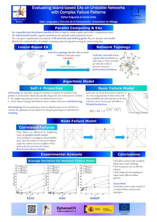 Evaluating Island-based EAs on Unstable Networks
with Complex Failure Patterns
Rafael Nogueras & Carlos Cotta
Dpto. Lenguajes y Ciencias de la Computación, Universidad de Málaga
GECCO 2017
Berlin
EphemeCH
TIN2014-56494-C4-1-P
Use of parallel and distributed models of EAs to improve solution quality and reduce computational times.
The island model spatially organizes populations into partially isolated panmictic demes.
Two emergent computational environments: P2P networks and desktop grids.They are dynamic and unstable.
Churn: the combined effect of multiple computing nodes leaving and entering the system along time.
Scale-free topology (Barabási-Albert model)
Platforms with many nodes
Instability
FaultTolerance
• Unstable scenarios with correlated
failures pose a hard challenge.
• Self-✭ properties are an effective
solution.
• Self-scaling and self-sampling are
robust under different failure
patterns.
FutureWork
Extend this work on other models of
correlated failures and network
topologies.
Self-Scaling: the algorithm changes its structure in response to variations in the
problem or environment. Islands dynamically change their size in the presence of churn:
• If a neighboring island goes down, an island increases its size.
• Active islands exchange individuals in order to balance their sizes (self-balancing).
Self-Sampling: Prevent randomness when an island increases its size ⇒ EDAs to
estimate the population of each island to be enlarged generating new individuals by
sampling.
Node failures are influenced by neighboring
nodes ⇒ sandpile model variant.
A micro-failure event happens with probability
p(t): when the number of such micro-failures
equals the number of active neighbors ⇒ the
node is disconnected from the system.
Reactivation doesn’t change.
Each node can switch from active to inactive or
vice versa independently of other nodes with
some probability p(t) that depends on the time
it has been in its current state and follows a
Weibull distribution.
TRAP HIFF MMDP
Scale-free networks feature
a power-law distribution in
node degrees.These networks
are often the result of
processes driven by
preferential attachment.
 