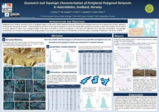 Geometric and Topologic Characterization of Periglacial Polygonal Networks
                                                                                     in Adventdalen, Svalbard, Norway
                                                                                                                           J. Saraiva (1,3), M. Lousada (1) , P. Pina (1) , L. Bandeira (1), and G. Vieira (2)
                                                                                                     (1) Instituto   Superior Técnico, Lisboa, Portugal, (2) CEG / IGOT, Lisboa, Portugal, (3) UNIS, Longyearbyen, Norway.
Research developed within the project ANAPOLIS (PTDC/CTE-SPA/099041/2008),funded by FCT (Portugal)




                                                                                                                          INTRODUCTION AND OBJECTIVES
  Polygonal terrain patterns commonly occur in periglacial regions of the Earth, where seasonal processes of freezing and thawing cause the soil to expand and contract, leading to
  the formation and growth of cracks. Understanding the formation of this type of networks on Earth and tracing their evolution can provide us with many insights into the history
  of similar patterns on Mars. Thus, analogue studies of this type of structure on Earth are important. In this work, the objectives are to describe the geometric and topologic
  characteristics of a number of networks of ice-wedge polygons occurring in a coastal valley, the Adventdalen, on the Norwegian archipelago of Svalbard, in the Arctic, at 78⁰ N.


                                                                                                                              METHODS                                                                                                                                                                                 RESULTS                                Adventdalen Topographic Map and ESRI Base Maps




   A NETWORK MAPPING                                                                                        More than 10,300 individual polygons in 120 networks were identified and digitized into a GIS.                                                                                                              Networks where polygons present a smaller average area have a larger
                                                                                                                                                                                                                                                                                                                      average in the number of neighbours.
    Mapping was conducted through the analysis of remotely sensed imagery:                                            Geometrical and topological analysis was conducted for 17 selected networks.                                                                                                                       There is a direct relation between a higher average in the number of
    53 orthophotomaps (four-band RGB+NIR and 0.2 m/pixel of spatial
                                                                                                                                                                                                                                                                                                                      neighbours and the percentage of tetravalent vertices in a network.
    resolution), acquired by the Norwegian Polar Institute.
                                                                                                                                                                                                                   The mean axis of a polygon is defined as the average between its major and minor orthogonal
                                                                                                                 B        GEOMETRICAL CHARACTERIZATION                                                             axes; the aspect or elongation ratio corresponds to the division of the minor by the major axis.
                                                                                                                                                                                                                   The values in the table are averages for each of the networks selected.
                                                                                                                                                                                                                                                                                                                          Neighbours Vs. Areas and Neighbours Vs.
                                                                                                                                                                                                                                                                                                                              Vertices (tri) for the 17 Networks
                                                                                                                                                                                                                                                                                                                                                                                            Neighbours Vs. Areas and Neighbours Vs.
                                                                                                                                                                                                                                                                                                                                                                                              Vertices (tetra) for the 17 Networks


                                                                                                                                                                                                                   Network Network     Nb.         Mean Axis (m)                              Aspect Ratio
                                                                                                                                                                                                                           Area (m2) Polygons Average Min       Max                      Average Min Max
                                                                                                                                                                                                                      1     20,572      95     17.08  9.14     31.83                      0.67     0.32 0.93
                                                                                                                                                                                                                      2     49,157     262     15.58  5.24     36.69                      0.69     0.24 1.00
                                                                                                                                                                                                                      3     270,529   1,666    14.68  3.50     46.65                      0.71     0.19 1.00
                                                                                                                                                                                                                      4     114,631    671     14.49  4.51     65.04                      0.71     0.28 0.99
                                                                                                                                                                                                                      5     28,882      95     19.87  7.86     53.98                      0.66     0.31 0.95
                                                                                                                                                                                                                      6     264,199    821     20.29  5.43     71.62                      0.71     0.31 1.00
                                                                                                                                                                                                                      7     88,612     253     21.67  6.22     50.76                      0.72     0.37 0.98
                                                                                                                                                                                                                      8     178,501    264     28.77  6.23     95.69                      0.69     0.28 0.98
                                                                                                                                                                                                                      9     255,783    328     32.28  8.46 100.92                         0.67     0.30 0.99
                                                                                                                 Network 3 is the largest in area; its polygons,    Network 9 is also among the largest, but its     10     59,781     116     21.51  6.70 162.99                         0.69     0.25 0.96
                                                                                                                 however, are among the smallest, according to      polygons are much larger, with a mode over       11     87,118     161     26.67  5.73     63.58                      0.68     0.30 0.95
                                                                                                                 the average value of their mean axis; the mode     25 m and almost 80% of polygons with
                                                                                                                 is 10 to 15 m, and the large majority of the       mean axis between 20 and 40 m.                   12     99,110     216     24.43  4.44     67.92                      0.70     0.35 0.99
                                                                                                                 polygons sit between 10 and 20 m.                                                                   13     112,765    215     26.57  8.69     58.69                      0.70     0.29 0.98               % of Vertex (tri and tetra) Vs. Average
                                                                                                                                                                                                                     14     139,684    197     31.01  8.56     67.08                      0.67     0.21 1.00                Polygon areas for the 17 Networks
                                                                                                                                                                                                                     15     154,644    294     25.78  7.67     99.19                      0.69     0.33 0.98
                                                                                                                  C TOPOLOGICAL                                CHARACTERIZATION                                      16     129,783    215     28.08  9.42     59.83                      0.68     0.28 0.96
                                                                                                                                                                                                                     17     130,645    357     21.01  4.85     83.02                      0.68     0.25 0.97
                                                                                                                  The 17 networks selected for this analysis all contain at
                                                                                                                 least 20 interior polygons (after stripping the two outer                                                                                                                                                                                                Tetravalent Vertex                  (field views)   Trivalent Vertex
                                                                                                                 layers). Topological analysis was conducted considering
                                                                                                                 only those interior polygons, and consisted on the                                                                                                                                                                                                        Considering the global set of 17 networks, the
                                                                                                                                                                                                                                                                                                                                                                           percentage of trivalent vertices rises with
                                                                                                                 computation of the number of neighbours and of the
                                                                                                                                                                                                                                                                                                                                                                           increasing average polygon areas; for tetravalent
                                                                                                                 valence of each vertex.
                                                                                                                                                                                                                                                                                                                                                                           vertices, the inverse situation occurs. This may
                                                                                                                Network      Nb. of           Nb. of Neighbours                              Vertices                                                                                                                                                                      reflect a process of subdivision of formerly large
                                                                                                                            Polygons                                                                                                                                                                                                                                       polygons, creating new tetravalent vertices and
                                                                                                                                          Average       Min        Max       Nb          % Tri      %Tetra % Penta            Network 3 has a large number of small          Network 13 has a lower mean in                                                                thus increasing their representation in the
                                                                                                                     1          21          6.62         5          9        46          69.57      30.43    ---
                                                                                                                                                                                                                              polygons, with the highest mean for            number of neighbours, and the                                                                 network, while also augmenting the average of
                                                                                                                                                                                                                              the number of neighbours and seven             mode is six; the percentage of
                                                                                                                     2          44          6.75         4         10        97          63.92      34.02   2.06              as the mode; it also shows a high              tetravalent vertices is much lower.
                                                                                                                                                                                                                                                                                                                                                                           the number of neighbours of its polygons.
                                                                                                                     3         1,132       6.98          3         12       1,875        68.00      31.57   0.43              percentage of tetravalent vertices.
                                                                                                                     4          415         6.78         3         11        737         75.98      24.02    ---
                                                                                                                     5
                                                                                                                     6
                                                                                                                     7
                                                                                                                                25
                                                                                                                                433
                                                                                                                                108
                                                                                                                                            6.64
                                                                                                                                            6.73
                                                                                                                                            6.25
                                                                                                                                                         5
                                                                                                                                                         4
                                                                                                                                                         3
                                                                                                                                                                    9
                                                                                                                                                                   14
                                                                                                                                                                    9
                                                                                                                                                                             58
                                                                                                                                                                             822
                                                                                                                                                                                         70.69
                                                                                                                                                                                         74.94
                                                                                                                                                                                                    29.31
                                                                                                                                                                                                    24.57
                                                                                                                                                                                                             ---
                                                                                                                                                                                                            0.49                                                                                                                                            CONCLUSION
                                                                                                                                                                             249         89.16      10.84    ---                                                                                                      It is generally admitted that the first polygons to be formed are large. After
                                                                                                                     8          43          6.02         4          8        134         88.06      11.94    ---
                                                                                                                     9          108         6.29         3         10
                                                                                                                                                                                                                                                                                                                      repeated seasonal freezing and thawing, it is very likely that new cracks form
                                                                                                                                                                             265         88.68      11.32    ---
                                                                                                                     10         35          6.66         5          9        70          64.29      35.71    ---                                                                                                      inside them, leading to their subdivision into smaller ones. Thus, the
                                                                                                                     11         37          6.03         4         11        100         89.00      11.00    ---                                                                                                      proportion of tetravalent vertices in a network might be seen as an indicator
                                                                                                                     12         56          6.27         4          9        147         84.35      15.65    ---                                                                                                      of its evolution stage. The fact that, according to our data, the networks with
                                                                                                                     13         69         6.13          4         10        168         88.69      11.31    ---                                                                                                      high percentages of tetravalent vertices and small polygons also exhibit a
                                                                                                                     14         58          6.53         3         11        141         83.69      15.60   0.71
                                                                                                                     15         146         6.44         4         11        303         84.82      14.19   0.99
                                                                                                                                                                                                                                                                                                                      smaller variation in polygon size, points toward the existence of a process
                                                                                                                     16         40          6.18         3          8        108         85.19      14.81    ---                                                                                                      conducing to an equilibrium which is reflected in a more regular pattern of
                                                                                                                     17         77          6.27         4          9        201         82.59      17.41    ---                                                                                                      cracks.
 