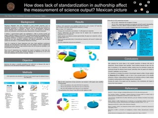How does lack of standardization in authorship affect 
the measurement of science output? Mexican picture 
Flor Trillo, PhD Candidate, University of Granada, Spain 
Background 
Objective 
Determine the status in scientific publications from 2000-2012 of Mexican SNI level III 
researchers in the international bibliographic database, Scopus. 
Results 
Conclusions 
After analyzing the current status of the scientific production of Mexican SNI level III 
researchers, several problems were identified. These problems basically all stem from the 
lack of consistency in the researcher profiling, starting since the submission process and 
continuing through the editorial review process; particularly when the papers are indexed or 
included in databases, such as Scopus. 
It is imperative to normalize the process of documengint research profiles, through systems 
as Researcher ID and ORCID, in order to have a more accurate picture of the scientific 
production in Mexico, helping Mexican researchers and institutions achieve a higher position 
in academic ranking systems like SCImago Journal & Country Rank. 
Knowing the origins of the papers and the importance of the contributions will impact to 
improve their future research. 
References 
Elsevier B. V. Scopus. Coverage of metadata [Retrieved April, 2013 from http://www.scopus.com] 
Foro Consultivo Científico y Tecnológico y Academia Mexicana de Ciencias (2005) Una reflexión sobre el 
Sistema Nacional de Investigadores a 20 años de su creación. México: FCCyT. 
Licea de Arenas J; Santillán-Rivero EG (2002). Bibliometría ¿para qué?. Biblioteca Universitaria. Nueva época, 
enero-junio. 5(1) 
Metlich- Medlich AI (2009). Restricciones de la institución en la productividad científica. El caso de una 
universidad pública mexicana. Revista Electrónica de Investigación Educativa. México: 11(1); 1-20. 
Reglamento del SNI (2011). México: Diario Oficial de la Federación. 
Reyes G, Suriñach J (2012). Las evaluaciones internas del SNI: coherencias o coincidencias. Secuencia: 83; 
mayo-agosto; 179-217 
Rivas-Tovar LA (2005). La formación de investigadores en México. Perfiles Latinoamericanos, diciembre; 89- 
113 
Sistema Nacional de Investigadores (2012). Investigadores vigentes 2012. México: CONACYT. 
Numerous databases have been developed to track scientific outcomes such as 
publications, allowing us to measure academic performance and rank the production of 
individuals researchers or institutions. However, lack of standardization among the 
various database search parameters can lead to errors and omissions in identifying 
authors and institutions, preventing accurate measurement of research production. 
In México, a governmental system was established in 1984 to promote quantity and 
quality of scientific research in the country. The Sistema Nacional de Investigadores 
(SNI, or National System of Researchers) is a subsidiary of the Consejo Nacional de 
Ciencia y Tecnología (CONACyT or National Council of Sciences and Technology). The 
SNI is divided into two main categories: candidates and national researchers, with the 
latter divided into two levels: II, III and National Researcher Emeritus. 
Level III is reserved for those researchers who have made significant contributions 
nationally and internationally to their fields, and in this category is where is establish the 
evaluation board who later on make decisions about who can access as candidate or will 
be promoted to the next level. 
Since Level III researchers are considered the model of excellency in their field, this 
group was chosen to profile their scientific productivity as measured by to one of the 
most used databases with worldwide coverage, Scopus. 
Methods 
1,581 researchers were identified in SNI level III were tracked trough the database Scopus, 
from 2000-2012 
In Mexico 1,581 researchers were classified in SNI level III in 2012, of which 1,077 (68.12%) 
were included in this study, representing 95 institutions in Scopus. 
Base on these 1,077 researchers: 
• Average rate of publications was between 1 to 295 papers per researcher. 
• Physics, Mathematics and Earth sciences had the highest rate of researchers with 
publications up to 319 (29.61%) 
• Health sciences and Medicine produce approximately 59 papers per researcher, with an 
average citation of 16. 
• Social sciences generated about 4 documents per researcher with around 5 citations per 
Production distribution 
by field 
publication 
• 92 (8.5%) researchers had just one publication. 
Production distribution 
by gender 
Physics, 
Mathematics and 
Earth science 
32% 
Biology and 
Chemistry 
25% 
Social 
science 
Behavioral 
sciences and 
Humanities 
2% 
Health science and 
Medicine 
20% 
1% 
Biotechnology 
and Agriculture 
research 
9% 
Engineering 
11% 
Production distribution 
by academic degree 
Non specific 
2% 
Bachelor Degree 
4% 
Master Degree 
2% 
PhD 
92% 
• 985 (91,45%) researchers whose production was between 2-294 papers were clasiffied 
in three groups: 
A. With 2 to 49 publications, with a total of 657 (66.70%) researchers 
B. With 50 to 99 publications, with a total of 277 (28.12%) researchers 
C. With 100 to 294 publications, with a total of 51 (5.17%) researchers 
• The publications from Group C have 500 to 8,240 citations in total: 
Group C, distribution 
by field 
Group C, distribution 
by institution 
 1,581 researchers in 
2012, level III, just 8.52% 
of the total SNI 
 Affiliated to 110 national 
institutions, 13 
international 
 In 13 years, the total 
contribution was about 
41,794 publications with 
465,125 citations in total 
 Representing just the 
27.59% of scientific 
production in the country, 
according to reports in 
Scopus 
 According to Scopus, 
Mexico was in the 28th 
position in scientific 
production in 2012 
Of the 504 (31.87%) researchers excluded: 
• 342 (21.63%) researchers did not appear in Scopus 
• 162 (10.18%) researchers presented inconsistencies during the search 
(typo/spelling mistakes in the name, different institutional affiliation and/or field of 
research) 
• Representing about 4.4% in scientific production (total of 6,725 publications) 
Step 1 
Creation of a 
database with 
1,581 SNI level III 
researchers, 
reported active in 
2012: 
• Researcher’s 
name 
• Institutional 
afiliation 
• Academic 
degree 
• Field of 
research 
Step 2 
Search in Scopus, 
in a period from 
2000 to 2012, 
using the next 
criteria: 
• Full and partial 
researcher’s 
name 
• Institutional 
afiliation 
• Field of 
research 
• Country of 
origin and 
employment 
Step 3 
Identification of 
tracking 
problems: 
• Full and partial 
typo/spelling 
mistakes on 
researcher’s 
name 
• Mismatches of 
institutional 
afiliation 
• Mismatches on 
Research Field 
• Mismatches in 
country 
• Citation errors 
Step 4 
Recolection and 
data analysis, to 
establish 
comparations by 
field, 
country/institution 
al afiliation, 
gender, academic 
degree, number of 
publications and 
national presence 
in Scopus. 
14% 
4% 
31% 
2% 
27% 
22% 
Engineering 
Biotechnology and agriculture 
sciences 
Health science and medicine 
Behavioral science and 
Humanities 
Biology and chemistry 
Physics , Mathematics and Earth 
science 
Male 
82% 
Female 
18% 
17% 
13% 
9% 
8% 
4% 4% 
2% 
4% 
2% 
4% 
2% 
2% 
2% 
2% 
4% 
4% 
4% 
4% 
2% 
2% 
2%2%2%2% 
Universidad Nacional Autónoma de México 
Centro de Investigación y de Estudios Avanzados, IPN 
Universidad Autónoma Metropolitana 
Instituto Nacional de Ciencias Médicas y Nutrición Salvador Zubirán 
Universidad de Guadalajara 
Secretaría de Salud 
Instituto Tecnológico de Estudios Superiores de Monterrey 
Instituto Politécnico Nacional 
Instituto Nacional de Salud Pública 
Instituto Nacional de Neurología y Neurocirugía 
Instituto Nacional de Enfermedades Respiratorias 
Instituto Nacional de Astrofísica Óptica y Electrónica 
Universidad de Sonora 
Universidad Autónoma de Morelos 
Universidad Autónoma de Nuevo León 
Instituto Nacional de Enfermedades Respiratorias 
Instituto Nacional de Psiquiatría Ramón de la Fuente 
Instituto Nacional de Cardiología Dr. Ignacio Chávez 
Instituto Mexicano del Petróleo 
Instituto de Ecología, A.C. 
El Colegio de la Frontera Sur 
Centro de Investigaciones en Óptica, A.C. 
Benemerita Universidad Autónoma de Puebla 
Anthony Nolan Research 
