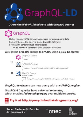 Ruben.Taelman@UGent.be
@rubensworks
Query the Web of Linked Data with GraphQL queries
Highly popular JSON-like query language for graph-based data
We convert GraphQL queries to SPARQL using a JSON-LD context
LD-
Can only be used to query a single GraphQL interface
no link with Semantic Web technologies
Try it at http://query.linkeddatafragments.org/
GraphQL Query
JSON-LD Context
{
label
}
{
“label”: “http://www.w3.org/1999/02/22-rdf-syntax-ns#”
}
+
= SELECT ?label
WHERE {
_:b <http://www.w3.org/1999/02/22-rdf-syntax-ns#label> ?label
}
SPARQL Query
GraphQL developers can now query with any SPARQL engine.
=> no universal semantics over different interfaces
GraphQL-LD queries have universal semantics,
which enables federated querying over multiple sources.
 