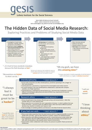The Hidden Data of Social Media Research: 
Exploring Practices and Problems of Studying Social Media Data 
Work in progress 
•Investigation of social media researchers’ methods, practices, perspectives and problems. 
•Exploratory design: qualitative semi-structured interviews with social media researchers. 
•Theory building occurs in parallel to the experiences in the ‘field’. 
•Coding and analysis are still ongoing – preliminary results for selected topics are available. 
Current status 
•40 interviews at 5 conferences 
•25-40 minutes, semi-structured 
•Interviewees … 
•… with different disciplinary backgrounds. 
•… from: Europe (20), US (13), Australia (5), South America (1), Asia (1). 
•… MA students (2) to full professors. (12) 
•… with experiences in research based on data gathered from several platforms. 
Future work 
•More interviews planned 
•Additional disciplines 
•Detailed coding of interviews 
•Next topics to be analyzed: 
•data collection and processing 
•epistemology. 
“I love thinking about ethics” 
“I always feel it must be great to be a hacker!” 
“Oh my gosh, we have this amazing data!” 
“But you can’t make your data available for others to look at, which means both your study can’t really be replicated and it can’t be tested for review.” 
“…it is hard to have standards nowadays because the field develops so fast.” 
“It seems very hard, or nearly impossible, to do this kind of stuff in the future as a single or individual researcher.” 
“My questions are limited to what I can do. “ 
“I will not quote tweets” 
“I would like more tools for collecting data. From services that aren't Twitter.” 
More information: 
Kinder-Kurlanda, K., & Weller, K. (2014). “I always feel it must be great to be a hacker!” The role of interdisciplinary work in social media research. Proceedings of the ACM Web Science Conference 2014, Bloomington, USA 2014. 
Weller, K., & Kinder-Kurlanda, K (2014). “I love thinking about ethics!” Perspectives on ethics in social media research. To appear in Proceedings of Internet Research 15: Boundaries and Intersections, Deagu, South Korea 2014. 
Katrin Weller & Katharina Kinder-Kurlanda 
GESIS – Leibniz Institute for the Social Sciences 
katrin.weller@gesis.org, katharina.kinder-kurlanda@gesis.org 
•Social media researchers are often interdisciplinary, sometimes operating on the „fringes“ of their home discipline. 
•Interdisciplinarity is perceived as a requirement for (meaningful) social media research. 
•For social scientists in this area interdisciplinary collaborations, especially with computer scientists, are of high importance. 
•Interdisciplinarity is challenged by internal factors (e.g. perceived role of individuals in projects, different methodological approaches) and external factors (e.g. requirements for journal publications or tenure). 
Interdisciplinarity 
•Almost all participants have already reflected upon privacy and anonymization, rather few consider ethics on a more abstract level. 
•Many researchers try to envision the users‘ expectations of privacy in order to address the issue of lack of consent – and end up with very different ideas, which also lead to different practical decisions (e.g. whether to mention user names or not). 
•Little knowledge of available guidelines and literature in the field of internet research ethics. 
Research ethics 
•Many social media researchers from the social sciences wish for: programming skills or access to people with such skills, tools for data collection or analysis, ready-to-use datasets/corpora. 
•Many researchers with different backgrounds wish for: unrestricted access to data, better data (e.g. longitudinal, data from different platforms), better documentation and transparency of data, data sharing options, data equality, better research environments. 
•Special wishes: better collaboration with industry, less pressure to publish / fewer journals and conferences. 
If you had one wish… 
* FIRST RESULTS * 
* FIRST RESULTS * 
* FIRST RESULTS * 