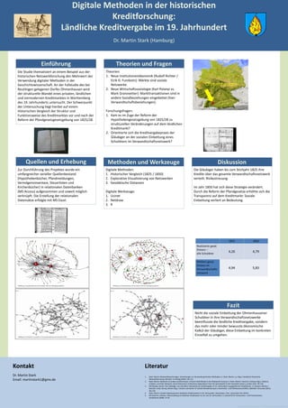 Digitale Methoden in der historischen
Kreditforschung:
Ländliche Kreditvergabe im 19. Jahrhundert
Dr. Martin Stark (Hamburg)
Dr. Martin Stark
Email: martinstark1@gmx.de
Kontakt
1. Stark, Martin: Netzwerkberechnungen. Anmerkungen zur Verwendung formaler Methoden, in: Stark, Martin u.a. (Hgs.): Handbuch Historische
Netzwerkforschung, Münster: Lit-Verlag (2016): 155-171.
2. Stark, Martin: Networks of Lenders and Borrowers: A Rural Credit Market in the Nineteenth Century, in: Stark, Martin / Gestrich, Andreas (Hgs.): Debtors,
Creditors, and their Networks. Social Dimensions of Monetary Dependence from the Seventeenth to the Twentieth Century, London 2015: 99-118.
3. Mit Reupke, Daniel: Vom Gläubiger zum Schuldner. Netzwerke der Kreditvergabe im 19. Jahrhundert in geografischen Perspektiven, in: Gamper, Markus /
Reschke, Linda, Düring, Marten (Hgs.): Knoten und Kanten III: Soziale Netzwerkanalyse in Geschichts- und Politikwissenschaften, Bielefeld: Transcript (2015):
261-292.
4. Stark, Martin: Soziale Einbettung eines ländlichen Kreditmarktes im 19. Jahrhundert. Dissertation, Trier: Universität Trier (2014).
5. Mit Gestrich, Andreas: Überschuldung im ländlichen Kreditwesen im 18. und 19. Jahrhundert, in: Zeitschrift für Verbraucher- und Privatinsolvenz,
Sonderband (2009): 23-26.
Literatur
Die Studie thematisiert an einem Beispiel aus der
historischen Netzwerkforschung den Mehrwert der
Verwendung digitaler Methoden in der
Geschichtswissenschaft. An der Fallstudie des bei
Reutlingen gelegenen Dorfes Ohmenhausen wird
der strukturelle Wandel eines privaten, ländlichen
und vormodernen Kreditmarktes in Württemberg
des 19. Jahrhunderts untersucht. Der Schwerpunkt
der Untersuchung liegt hierbei auf einem
Historischen Vergleich der Struktur und
Funktionsweise des Kreditmarktes vor und nach der
Reform der Pfandgesetzgesetzgebung von 1825/28.
Einführung
Digitale Methoden:
1. Historischer Vergleich (1825 / 1850)
2. Explorative Visualisierung von Netzwerken
3. Geodätische Distanzen
Digitale Werkzeuge:
1. Ucinet
2. Netdraw
3. R
Quellen und Erhebung
Theorien:
1. Neue Institutionenökonomik (Rudolf Richter /
Eirik G. Furobotn): Märkte sind soziale
Netzwerke.
2. Neue Wirtschaftssoziologie (Karl Polanyi vs.
Mark Granovetter): Markttransaktionen sind in
andere Sozialbeziehungen eingebettet (hier:
Verwandtschaftsbeziehungen).
Forschungsfragen:
1. Kam es im Zuge der Reform der
Hypothekengesetzgebung von 1825/28 zu
strukturellen Veränderungen auf dem ländlichen
Kreditmarkt?
2. Orientierte sich die Kreditvergabepraxis der
Gläubiger an der sozialen Einbettung eines
Schuldners im Verwandtschaftsnetzwerk?
Theorien und Fragen
Die Gläubiger haben bis zum Stichjahr 1825 ihre
Kredite über das gesamte Verwandtschaftsnetzwerk
verteilt: Risikostreuung.
Im Jahr 1850 hat sich diese Strategie verändert.
Durch die Reform der Pfandgesetze erhöhte sich die
Transparenz auf dem Kreditmarkt: Soziale
Einbettung verliert an Bedeutung.
Diskussion
Zur Durchführung des Projektes wurde ein
umfangreicher serieller Quellenbestand
(Hypothekenbücher, Pfandmeldungen,
Vermögensinventare, Steuerlisten und
Kirchenbücher) in relationalen Datenbanken
(MS Access) aufgenommen und soweit möglich
verknüpft. Die Erstellung der relationalen
Datensätze erfolgte mit MS Excel.
Methoden und Werkzeuge
 