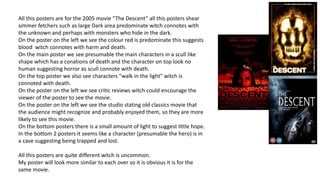 All this posters are for the 2005 movie “The Descent” all this posters shear
simmer fetchers such as large Dark area predominate witch connotes with
the unknown and perhaps with monsters who hide in the dark.
On the poster on the left we see the colour red is predominate this suggests
blood witch connotes with harm and death.
On the main poster we see presumable the main characters in a scull like
shape which has a conations of death and the character on top look no
human suggesting horror as scull connote with death.
On the top poster we also see characters "walk in the light" witch is
connoted with death.
On the poster on the left we see critic reviews witch could encourage the
viewer of the poster to see the movie.
On the poster on the left we see the studio stating old classics movie that
the audience might recognize and probably enjoyed them, so they are more
likely to see this movie.
On the bottom posters there is a small amount of light to suggest little hope.
In the bottom 2 posters it seems like a character (presumable the hero) is in
a cave suggesting being trapped and lost.
All this posters are quite different witch is uncommon.
My poster will look more similar to each over so it is obvious it is for the
same movie.
 