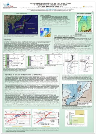 ENVIRONMENTAL CHANGES OF THE LAST 30,000 YEARS
                                                                                             IN THE GAS HYDRATE AREA OF JOETSU BASIN
                                                                                                   EASTERN MARGIN OF JAPAN SEA
6th International Conference on Gas Hydrates
The Fairmont Hotel Vancouver                               Antonio Fernando Menezes Freire*1,2, Eiichi Takeuchi*2, Akinori Nagasaka*2, Akihiro Hiruta*2, Osamu Ishizaki*2, Toshihiko Sugai*1, Ryo Matsumoto*2
Vancouver, BC, CANADA July 6-10, 2008                                                                                                   fernando@nenv.k.u-tokyo.ac.jp
                                                                           *1
                                                                                Department of Natural Environmental Studies, University of Tokyo, 524, Environmental Bldg. 5-1-5, Kashiwanoha Campus, Chiba 277-8563 Japan
                                                                                        *2
                                                                                           Department of Earth and Planetary Science, University of Tokyo, 7-3-1, Hongo Campus, Bunkyo-ku, Tokyo 113-0033 - Japan
                                                                                                                                                                                                                                                                                    1/2

                                               CORE LOCATIONS
                                               CORE LOCATIONS MAP                                                                                                                                                                   GAS HYDRATE STUDY AREA
                                                                                                                      MAIN PURPOSES
                                                                                                                      A) To understand the sedimentar history of the Late Quaternary
                                                                                                                         using the stratigraphic and geochemical records from piston-
                                                                                                                         cores collected on a gas hydrate area located on the Eastern
                                                                                                                         Margin of Japan Sea, south of the Sado Islands (Figs. 01 and 02)
                                                                                                                      B) To make a correlation between these records on Japan Sea
                                                                                                                         and those observed on the drilling core CK-06 on the Eastern
                                                JAPAN SEA              CK-06                                             Margin of the Pacifc Ocean, east of Shimokita Peninsula (Fig. 01).
                                                                       (SHIMOKITA PENINSULA )                         C) To infer the methane flux variations along the geologic time
                                                  UT-07/NT-07-20                                                         using geochemical data.
                                               PC-701
                                                                                  PACIFIC OCEAN




                                                                                                                                                                                                                              Fig. 02: Map of the study area showing Joetsu Knoll and
                                                                                                                                                                                                                              Umitaka Spur gas hydrate areas. Also this map shows
                                                                                                                                                                                                                              piston coring location.
    Fig. 01: Core location map. UT-07 (Umitaka Maru) cruise and NT-07-20 (Natsushima Cruise) are located
                                                                                                                                                                                                                        13
    over Umitaka Spur and Joetsu Knoll gas hydrate areas. PC-701 is a reference site and belongs to UT-07
    cruise. CK-06 (Chikyo) cruise is located at Pacific Ocean and is a refence to make correlation.
                                                                                                                                                               TOTAL ORGANIC CARBON AND d C CONCENTRATIONS
                                                                                                                                                               The Holocene/Pleistocene Boundary
                                                                                                                                                               Piston cores data from the study area shows a clear upward increasing of both TOC and
    ABSTRACT                                                                                                                                                   d13C contents. It is possible to identify a shift on TOC curve, from 1.3% to 2.0% and from
    Recently, we recognized active methane venting and gas hydrates, which are widely distributed on just below                                                -26‰ to -22‰ on d13C curve, around 3.5 m depth in reference piston core PC-701 graph
    the sea floor in the Joestu basin, eastern margin of Japan Sea. This study has the intention to give support                                               (Figure 03a). The same increased pattern can be observed in piston cores PC-702
    for future works, understanding the Late Quaternary history of the study area.                                                                             (Figure 03b) and PC-706 (Figure 03c), respectively located over Joetsu Knoll and Umitaka
    Interbedded dark gray thinly laminites and dark brown to gray bioturbated units are common throughout the                                                  Spur gas hydrate areas, but at different depths. These shift depths represent important
    Quaternary sediments of Japan Sea, and have been often explained in terms of glacio-eustatic sea-level                                                     changes on environmental conditions in the study area: Below occurs a relative small TOC
    changes. These layers have a very good correlation because they occur in all Japan Sea. We used total                                                      production with d13C values around -26‰ and, above this shift, occurs a higher TOC
    organic carbon (TOC) content and carbon isotopic composition of the gas hydrates bearing-sediments in                                                      production with heavier d13C isotopic composition.
    order to identify the nature of the organic matters present in the study area and to make a correlation with                                               CK-06 and GISP-2 (Figure 04) TOC and d13C profiles have very similar pattern and are
    samples collected in the Pacific Ocean. Associated with XRD analysis, these data helped us to locate the                                                   very easily correlated with Japan Sea study area. The conclusion is that both Japan Sea
    Holocene/Pleistocene boundary, to identify key stratigraphic surfaces, and to recognize sulfate-methane                                                    and Pacific Ocean had the same changes on organic matter production, and the
    interfaces. Different SMI occurs due methane flux variation with the geologic time.                                                                        boundary Holocene/Pleistocene is very well marked using this criteria.
                                                             d                                                                                                               d                        d
                                                                                                                                                                                                                                                   d
                                                                                                                     d


                TL-1                      14
                          Foraminifera C (10.9~7.4Ka)                                                                                                                                          d
                                                                                                                                             TL-1
                                                                                      TL-1

                                                                                                                                             TL-2
                TL-2

                          Foraminifera C14 (19.6~15.8Ka)
                                                                                      TL-2                                         Fig. 03c: PC-706 located over Umitaka Spur gas hydrate
        Vvvvv                   AT ash layer (~30Ka)                                                                               site. Curves show the same pattern.
                                                                          Fig. 03b: PC-702 located over Joetsu Knoll gas hydrate                                                                                    d                                             d
                                                                          site.The same pattern can be seen in both TOC and d13C
Fig. 03a: PC-701 reference piston core. Both TOC and d13C curves show and both thin laminated -1 (TL-1) and TL-2 are present.
a shift around 3.5m and it represents changes on organic matter production.
This depth is here interpretated like the boundary between Holocene and
Pleistocene and it is confirmed by C14 dating from foraminifera tests and
the occurrence of AT tephra layer (~30Ka).



      THE NATURE OF ORGANIC MATTER: MARINE vs. TERRESTRIAL                                                                                                                            Fig. 04: Correlation between CK-06 drilling core and GISP-2 ice core. The same increased pattern
                                                                                                                                                                                      on both TOC and d13C curves, associated with foraminifera C14 dating indicate the boundary
      TOC and d13C content indicate the origin and intensity of organic matter production. The warmer of the sea water and the rise
                                                                                                                                                                                      Holocene/Pleistocene. The d18O curve from GISP-2 indicates warmer conditions at Holocene
      of the sea level during Holocene induced the free communication between Japan Sea and the Pacific Ocean because the                                                             time and the TOC curve shows that a more effective organic matter production occurs. Also,
      straits are more deep and large. Because this condition, more warm-water species of diatom and radiolaria became more                                                           the d13C curve indicate heavier isotope compositions and, according Burdige, 2006, it reflects a
                                                                                                     12                                                                               marine organic matter production. Pacific Ocean curves are very easily correlated with Japan Sea
      present at Japan Sea [Oba et al. 1991]. As organic matter, generated by plankton, removes C selectively from the surface
                   13                                                                                 13                                                                              curves and both have the same signature.
      water, the d C of planktonic foraminiferal tests becomes heavier. According Burdige [2006], d C of TOC, in association with
      nitrogen content can potentially be used to differentiate sources of organic matter. Organic matter produced by phytoplankton
      has very different d13C values from that produced by land plants because of differences in the isotopic composition of their
      carbon source [Burdige, 2006]. The primary carbon source for marine phytoplankton is seawater bicarbonate, with a d13C of
      ~0‰. In contrast, land plants use atmospheric CO2 as their carbon source, with d13C of around -7‰ [Burdige, 2006]. Differences
      in the mechanisms of CO2 uptake by terrestrial plants (CO2 diffusion) versus marine plants (active uptake of bicarbonate in most
      cases) also lead to some additional amounts of carbon fractionation during photosynthesis. As a result of all of these factors,
                                                13
      marine organic matter generally has a d C of around -17‰ to -22‰ and terrestrial organic matter of around -25‰ to -28‰
      [Burdige, 2006].
      Marine organic matter generally has a C/N ratio between 5 and 10 and fresh terrestrial organic matter has a C/N ratio >20.
      These differences are a result of dissimilarities in the structural components of marine versus terrestrial plants: carbon-rich
      lignocelluloses in the latter and nitrogen-containing proteins in the former.
      While the Holocene is characterized by a higher marine organic matter production, Pleistocene is characterized by lower
                                               13
      organic matter production with lighter d C isotopic composition due to terrestrial organic matter source. The anoxic layer
      TL-2 in this time are due the lower water circulation because sea level drops on LGM. During this time, when the sea level was
      120m below present sea level, the coastal line was very close present shelf broken and the shallow and narrow straits (Figure
      05) reduced drastically the sea water circulation causing clay minerals and organic matter to stay more time at suspension
      inducing strong anoxic conditions and the occurrence of dark-gray thin laminated mud. The crossplot with data from both CK-06
      and UT-07 cruise shows three groups of organic matter values (Figure 06a) and, according Burdige [2006] criteria, it is possible
      to infer the nature of organic matter production at each geologic time. Comparing to Japan Sea study area, the samples from
      Pacific Ocean have more relation with marine production. Crossplot with samples only from Japan Sea study area (Figure 06b)
      shows that, excepting PC-701, organic matter has a terrestrial or mixing source. Umitaka Spur and Joetsu Knoll (Figures 02
      and 05) are closer to shore line than PC-701 and, at Pleistocene, the “bay” stage induced weak circulation.
                                                                                                                                                                                      Fig. 05: Coastal and bathymetric map of Joetsu basin, south of Sado Islands frompresent and
                                                                                                                                                                                      during the LGM time, when the sea level dropped around 120m than present sea level. The
                                                                                                                                                                                      narrow and shallow strait between Sado Islands and the western coast of Japan limited the
                                                                                                                                                                                      circulation of sea water currents making Joetsu basin like a big bay.




                                                                                                                                                                                                               FIGURE XX




          Fig. 06:a) Crossplot TOC x d13C data from CK-06 (crosses) and UT-07 (squares). Three groups can be seen: relative higher TOC values and d13C heavier than ~-22‰
          (marine phytoplankton production); relative medium TOC and d13C between ~-22‰ and ~-25‰ (mixed or non determinate); and relative lower TOC and d13C lighter
          than ~-25‰ (vascular land plants). According Burdige, 2006. b) Crossplot TOC x d13C data from UT-07 samples. PC-701, located far from the coastal line and into a
          typically depositional site, shows a large range of values and indicate both terrestrial and marine organic matter source. The other cores have a small range between
          terrestrial to mixed organic matter, according Burdige [2006].
 